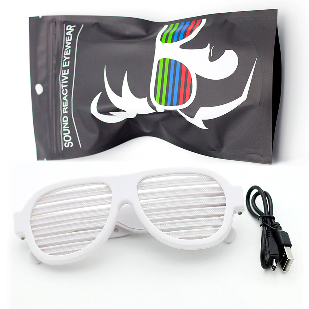 A pair of stylish Voice-activated LED Glasses in black, featuring vibrant red, blue, and green lights that change with music, perfect for parties.