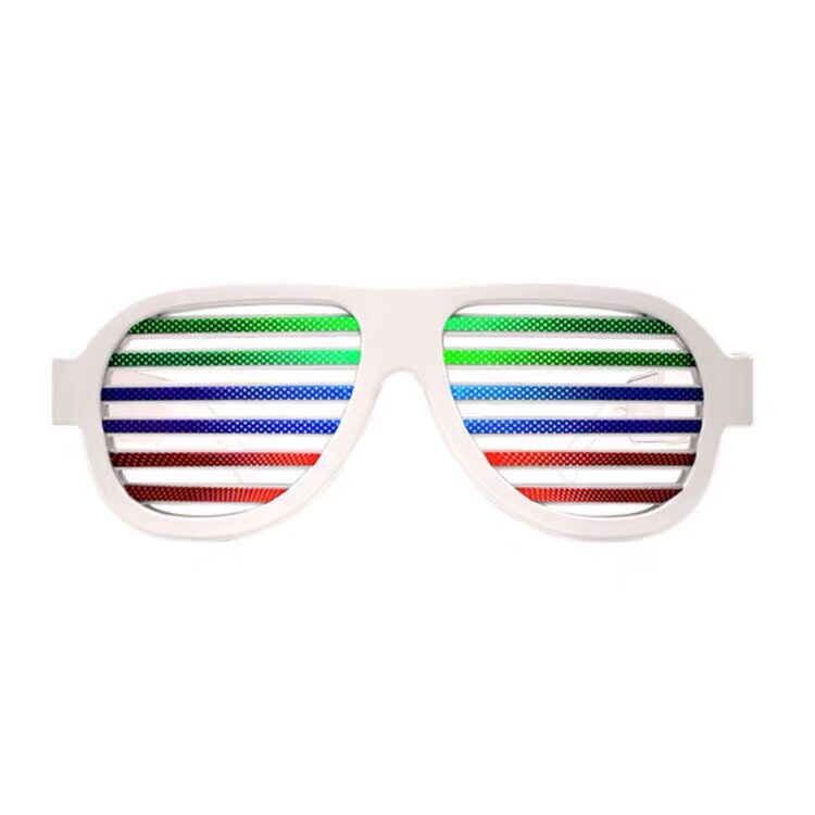 A pair of stylish Voice-activated LED Glasses in black, featuring vibrant red, blue, and green lights that change with music, perfect for parties.