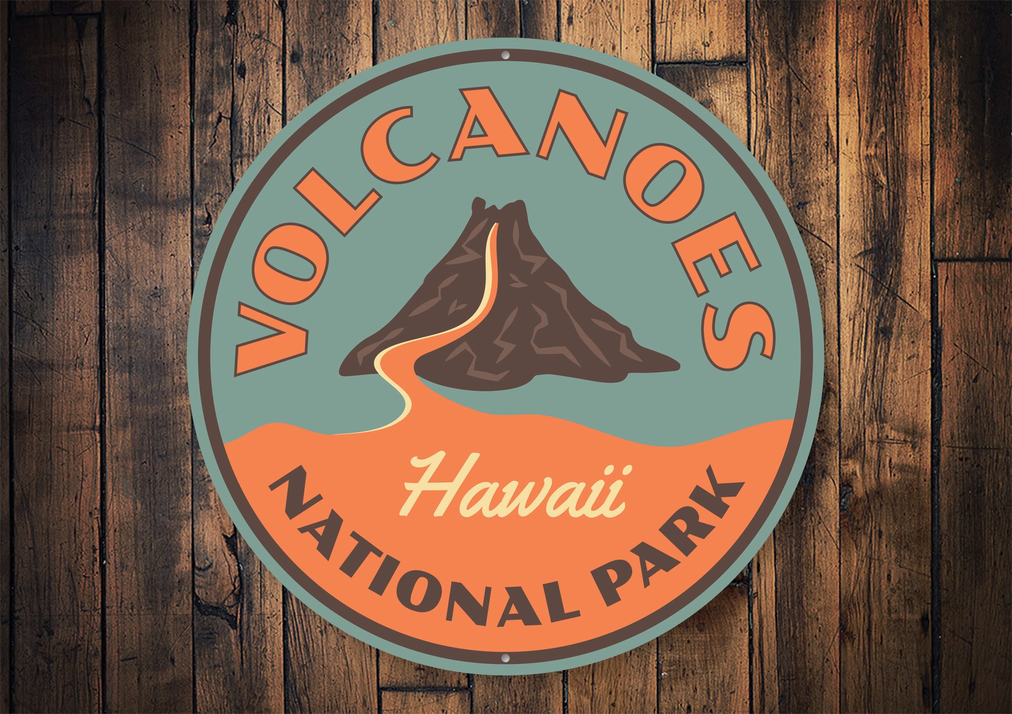 Volcanoes National Park Sign made of high-quality aluminum, featuring vibrant colors and customizable text, perfect for home decor.