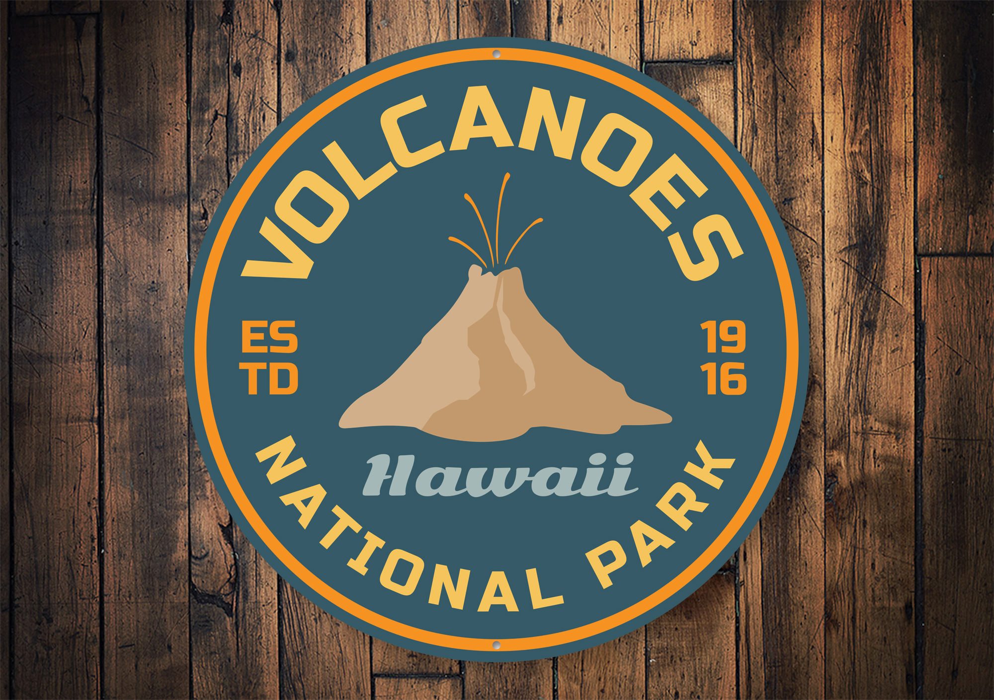 A decorative Volcanoes Sign made of high-quality aluminum, featuring customizable text and pre-drilled holes for easy mounting.