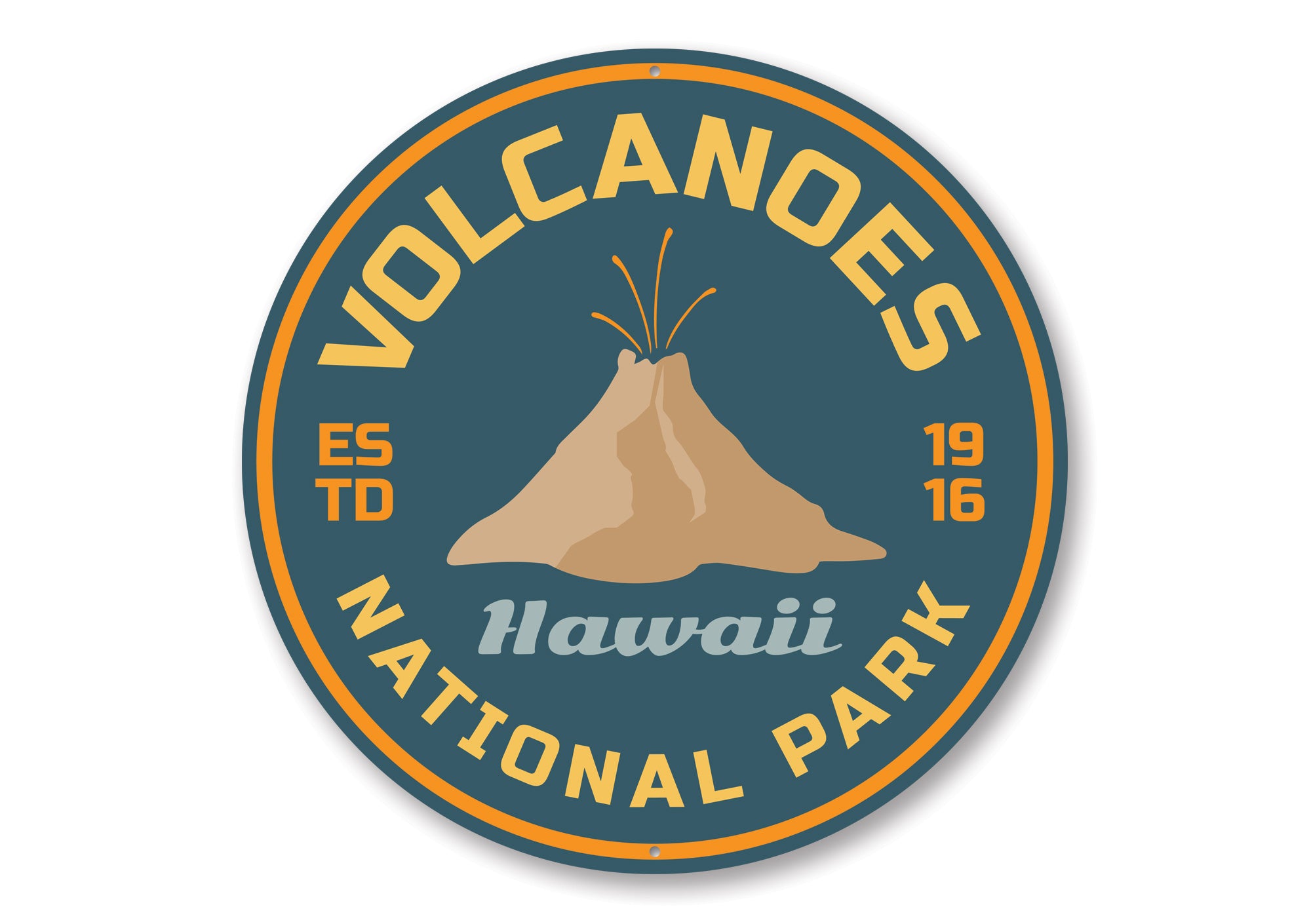 A decorative Volcanoes Sign made of high-quality aluminum, featuring customizable text and pre-drilled holes for easy mounting.