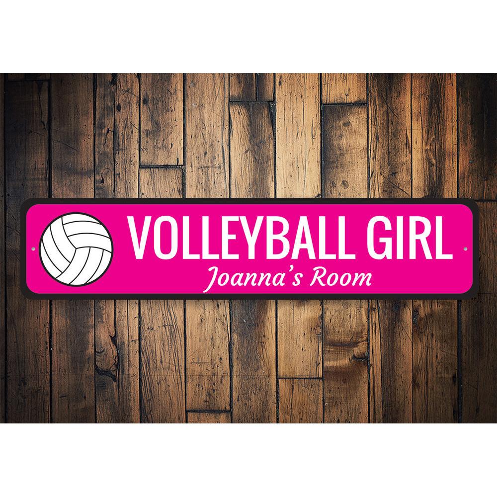 A colorful Volleyball Girl Sign made of durable aluminum, featuring a vibrant design perfect for a child's room.