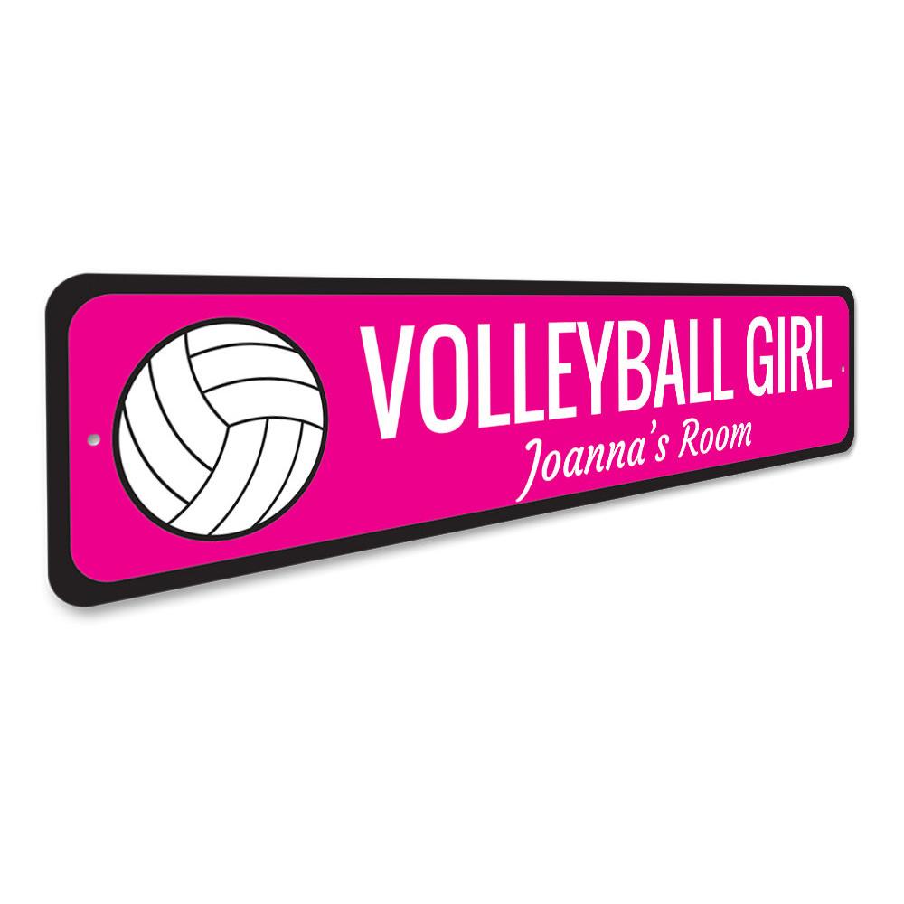 A colorful Volleyball Girl Sign made of durable aluminum, featuring a vibrant design perfect for a child's room.