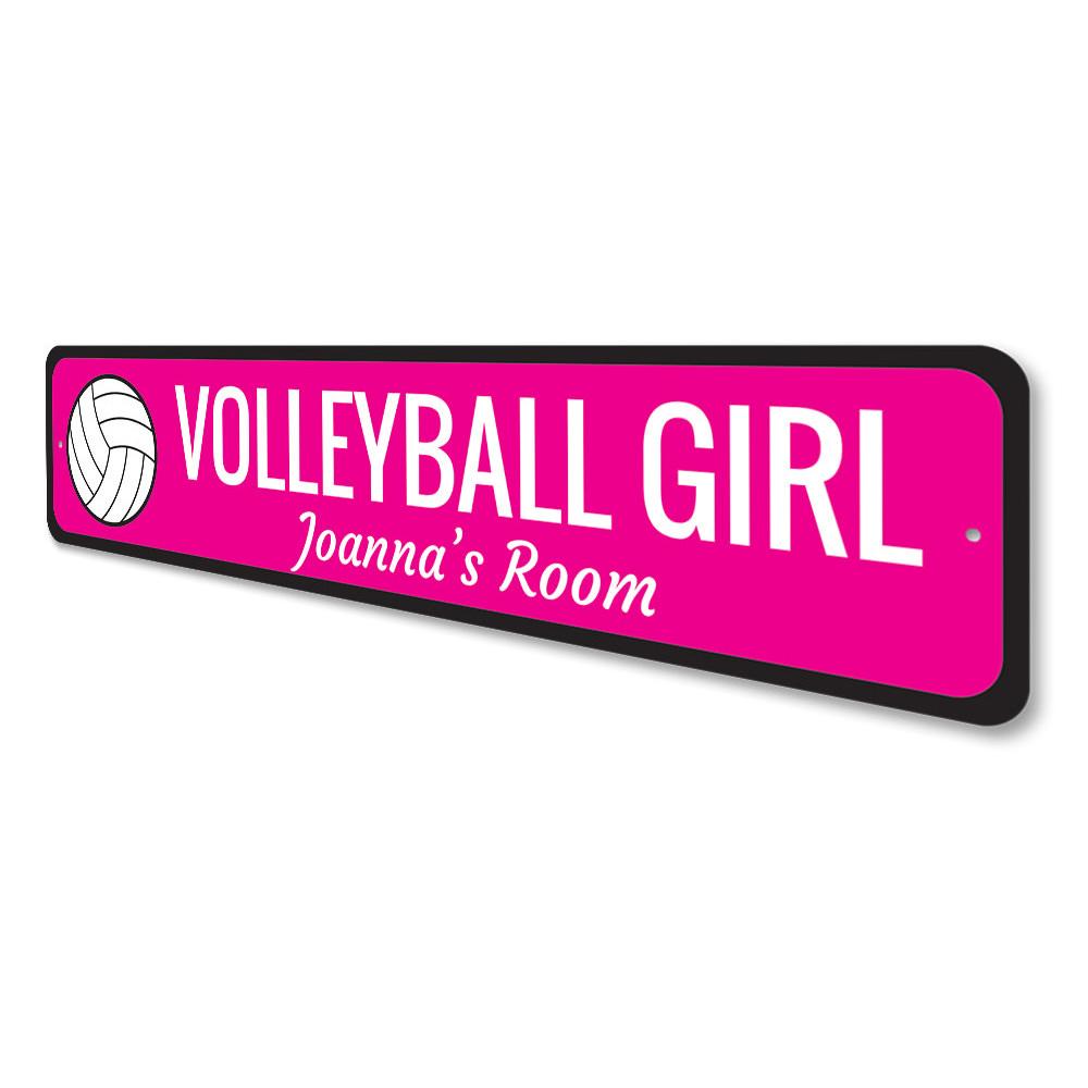 A colorful Volleyball Girl Sign made of durable aluminum, featuring a vibrant design perfect for a child's room.