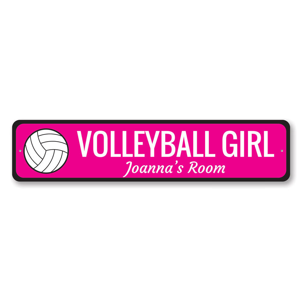 A colorful Volleyball Girl Sign made of durable aluminum, featuring a vibrant design perfect for a child's room.