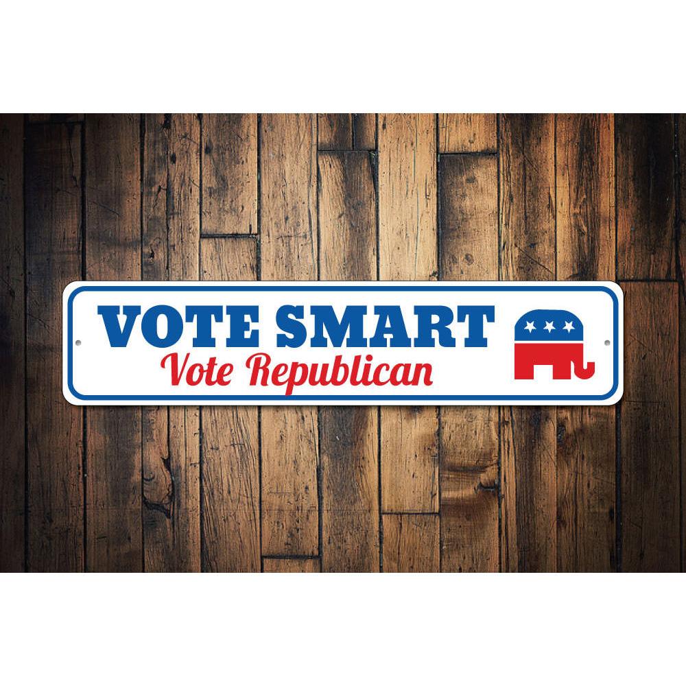 Vote Smart Republican Sign made of high-quality aluminum, featuring customizable text and pre-drilled holes for easy mounting.