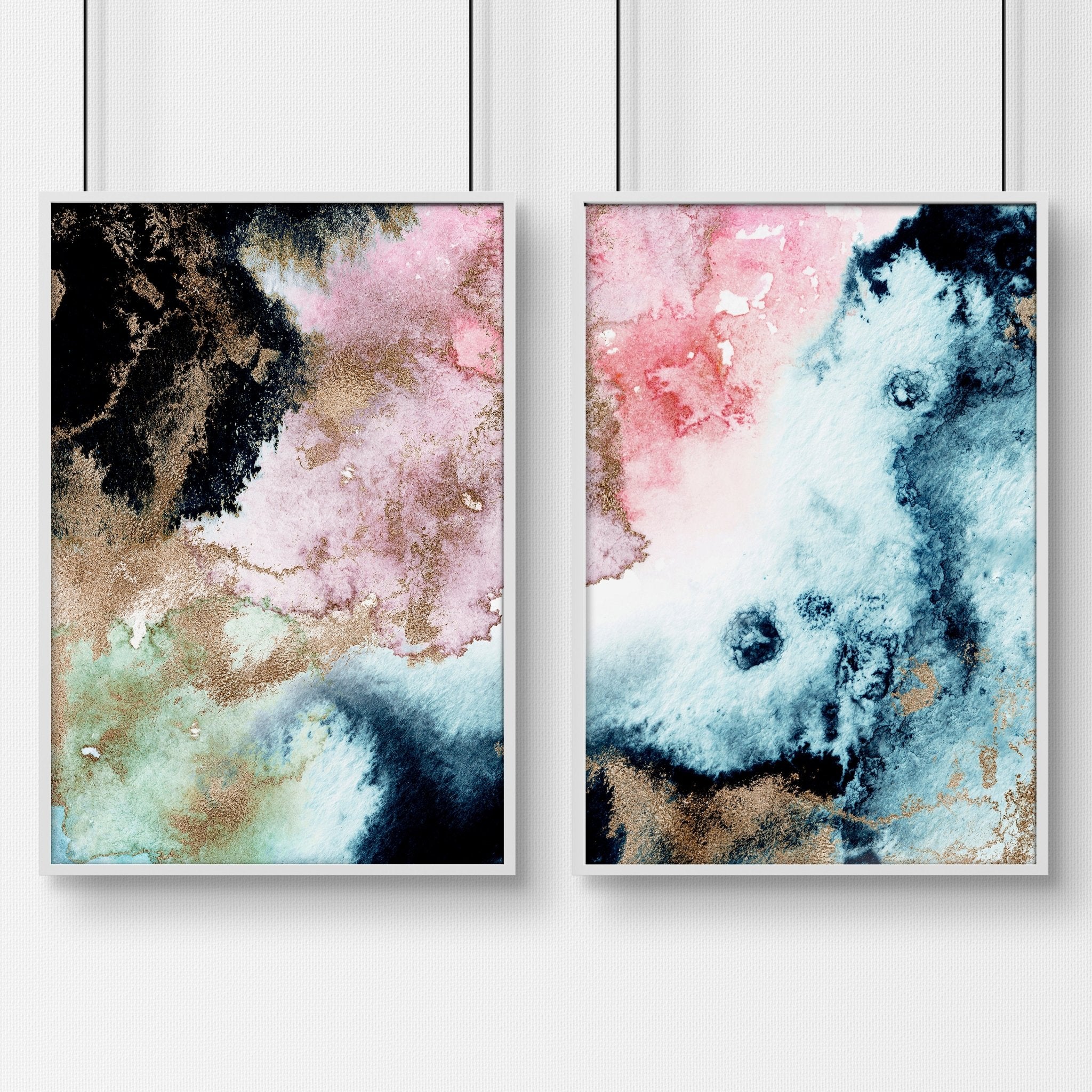 Set of 2 abstract modern wall art prints featuring vibrant alcohol ink marble textures and shimmering gold accents in sleek black frames.