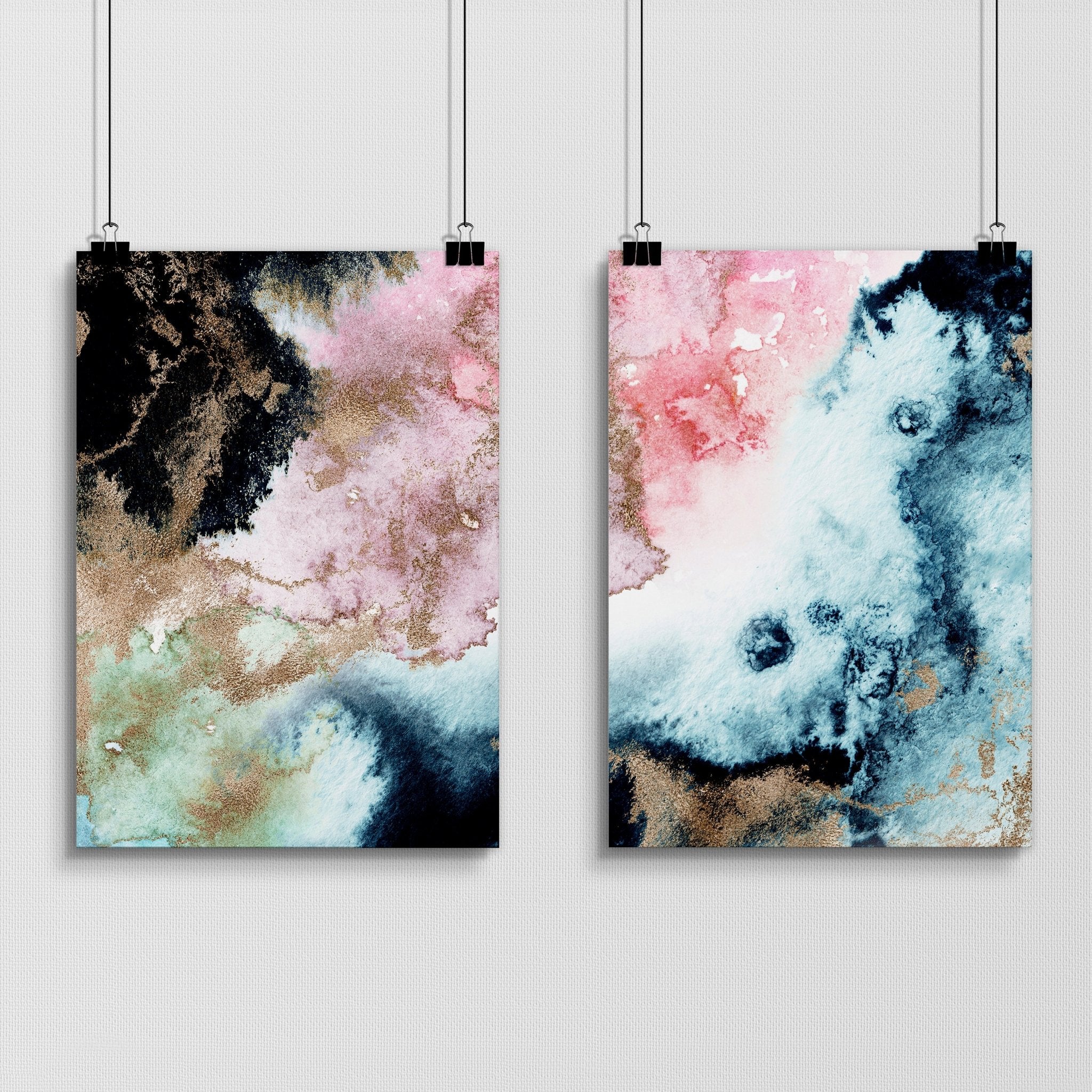 Set of 2 abstract modern wall art prints featuring vibrant alcohol ink marble textures and shimmering gold accents in sleek black frames.