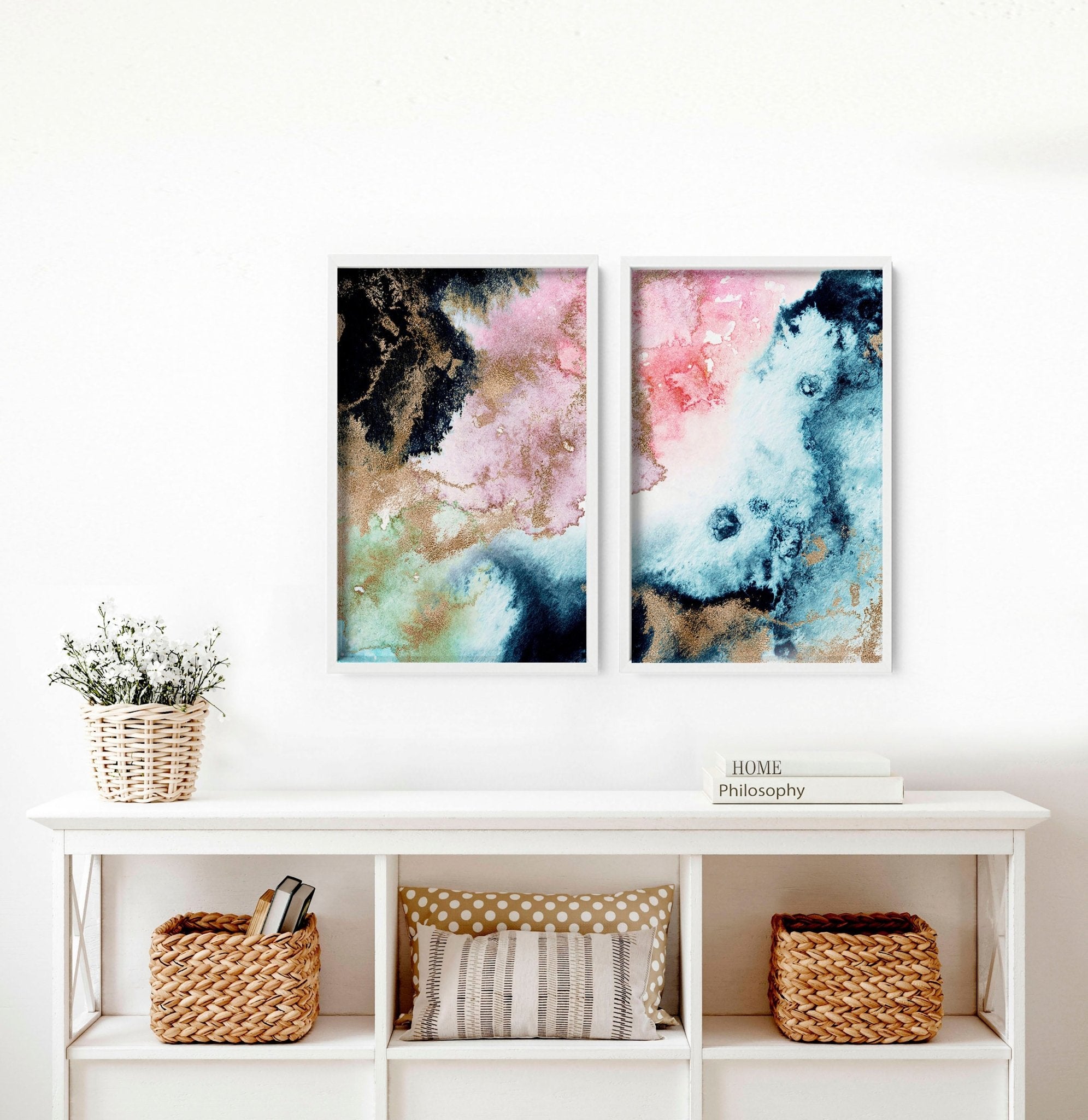 Set of 2 abstract modern wall art prints featuring vibrant alcohol ink marble textures and shimmering gold accents in sleek black frames.