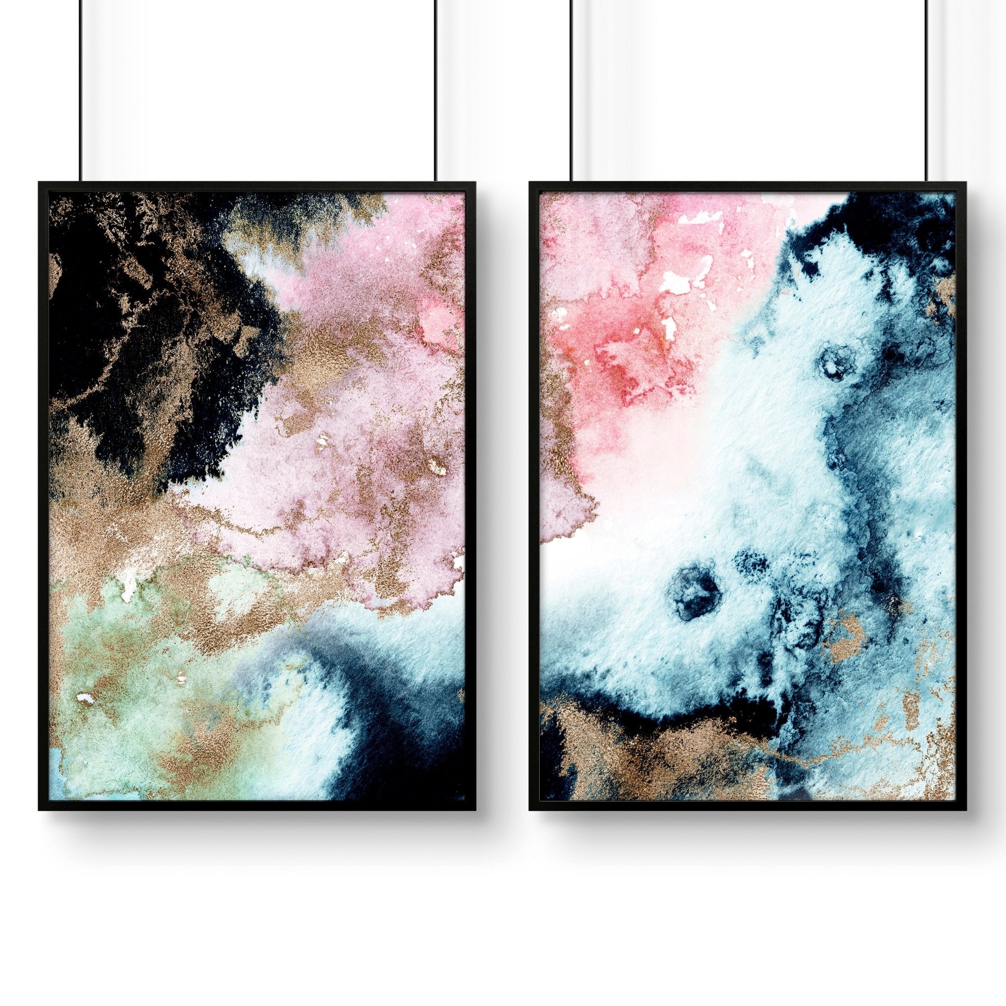 Set of 2 abstract modern wall art prints featuring vibrant alcohol ink marble textures and shimmering gold accents in sleek black frames.