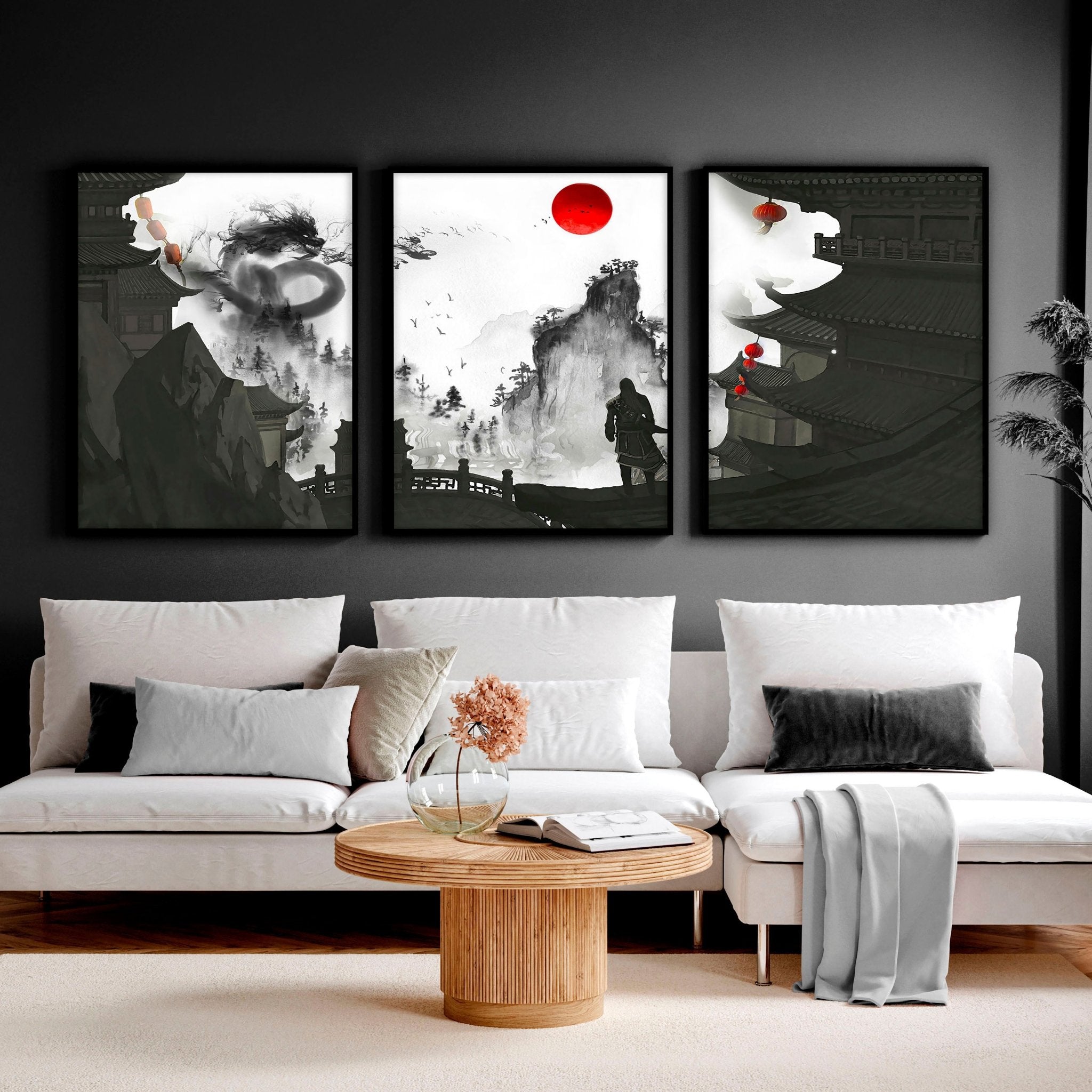 Set of three dragon wall art prints featuring bold black, white, and red designs, showcasing intricate details and powerful imagery.