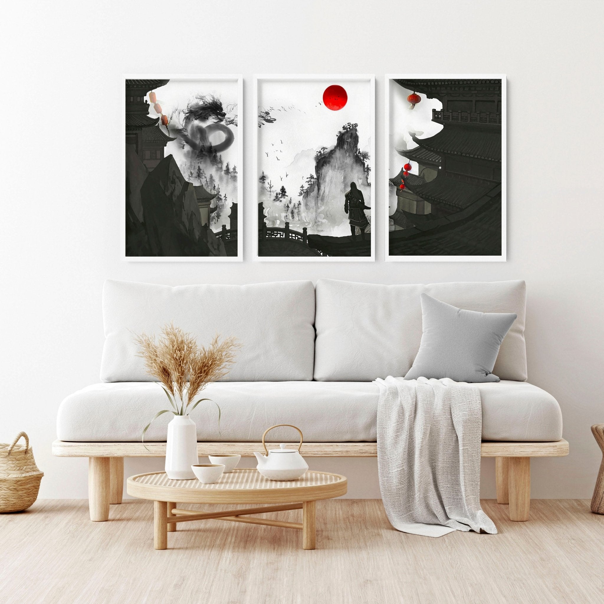 Set of three dragon wall art prints featuring bold black, white, and red designs, showcasing intricate details and powerful imagery.