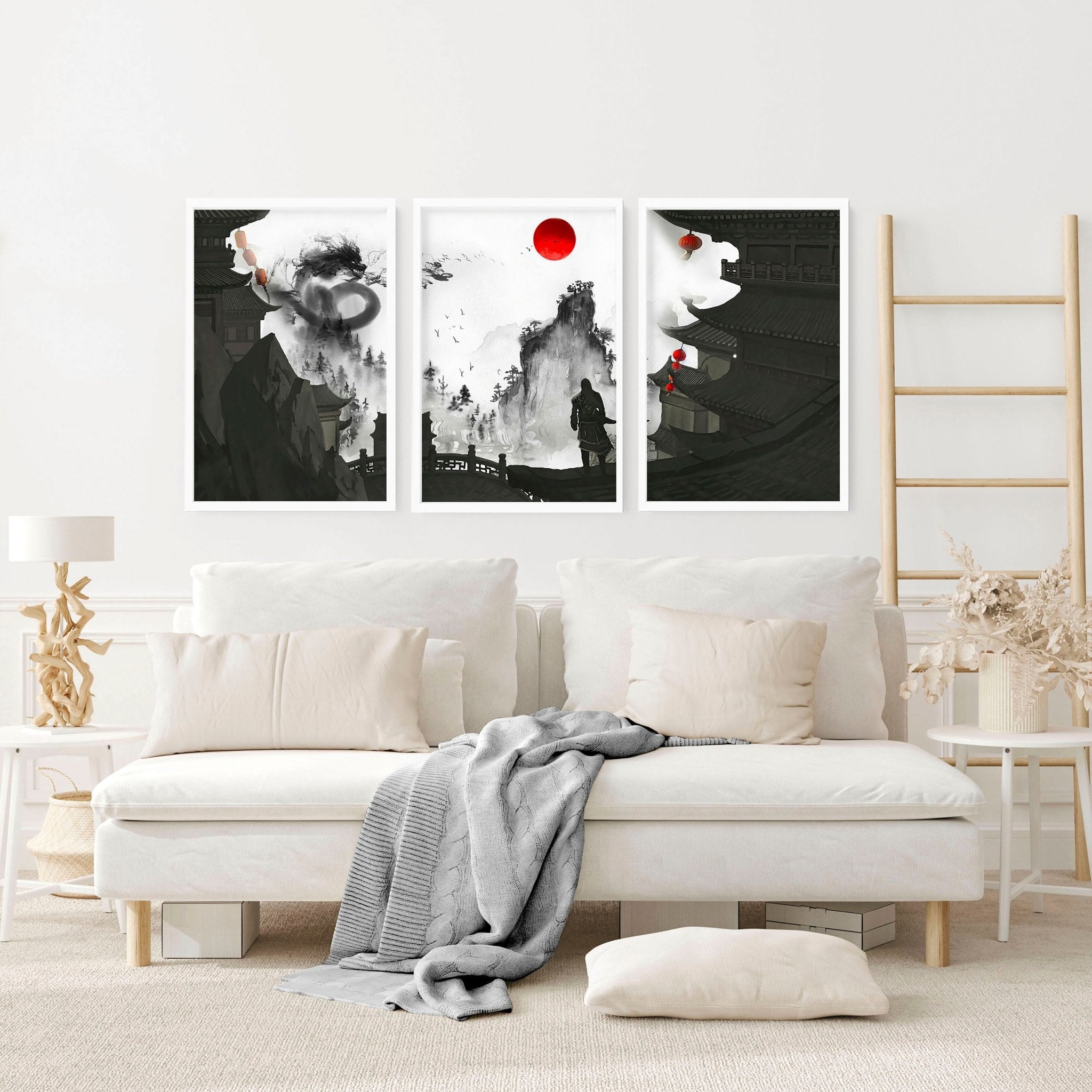 Set of three dragon wall art prints featuring bold black, white, and red designs, showcasing intricate details and powerful imagery.