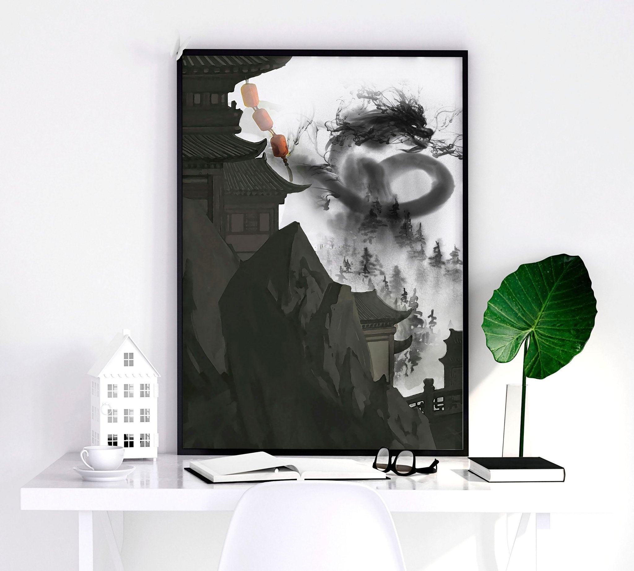 Set of three dragon wall art prints featuring bold black, white, and red designs, showcasing intricate details and powerful imagery.