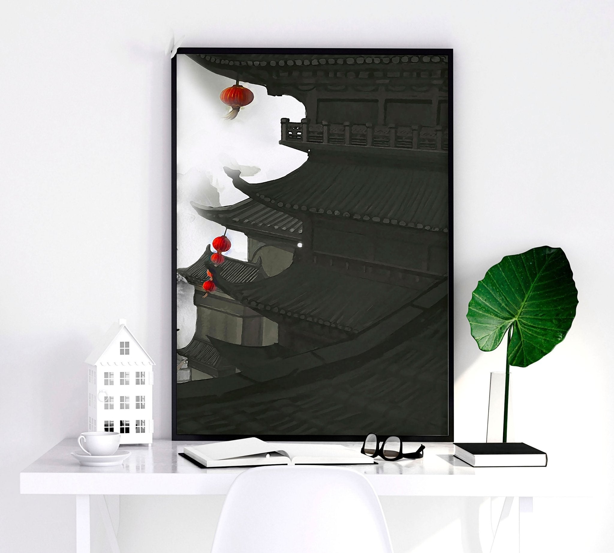 Set of three dragon wall art prints featuring bold black, white, and red designs, showcasing intricate details and powerful imagery.