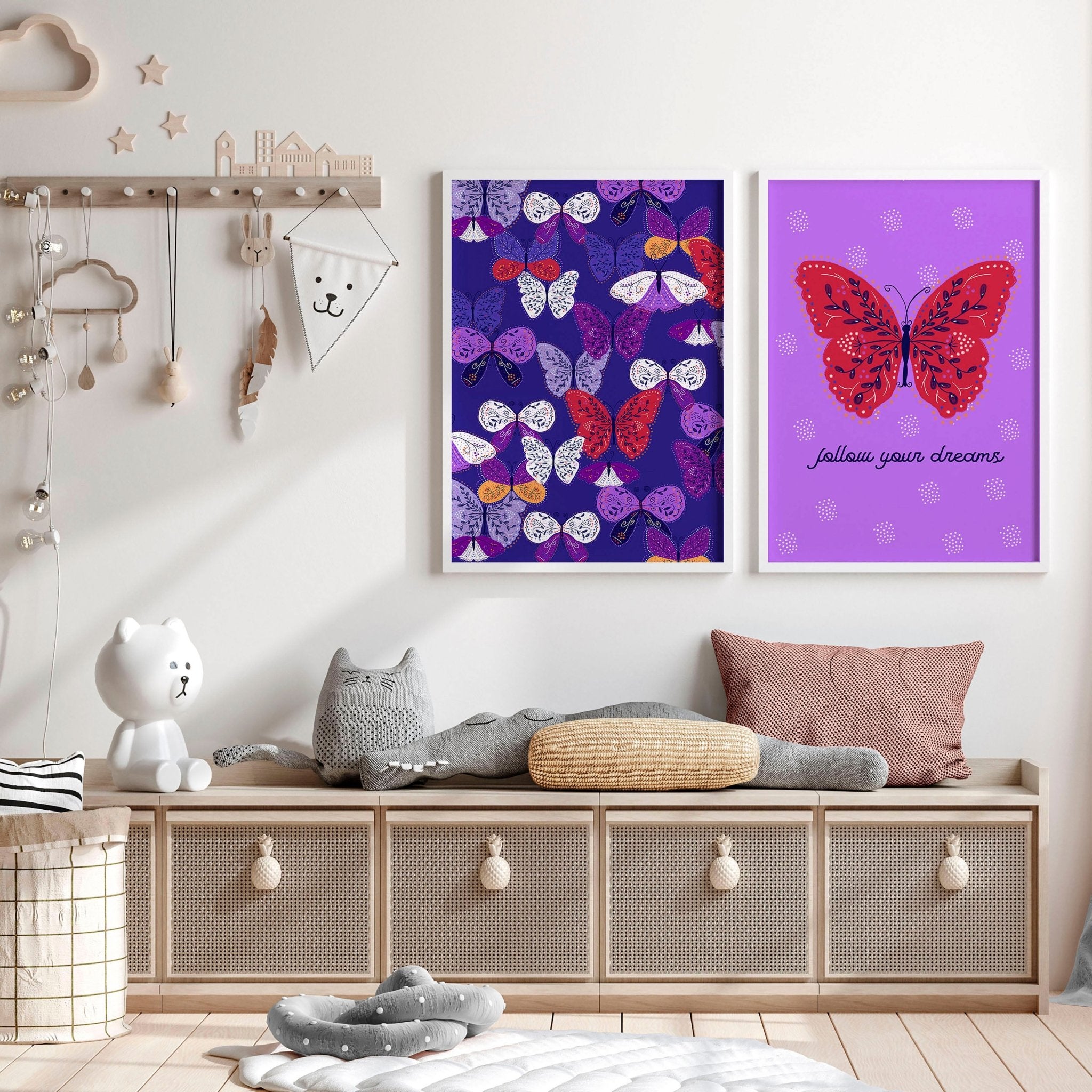 Set of 2 vibrant purple butterfly wall art prints designed for a nursery, showcasing intricate patterns and customizable options.