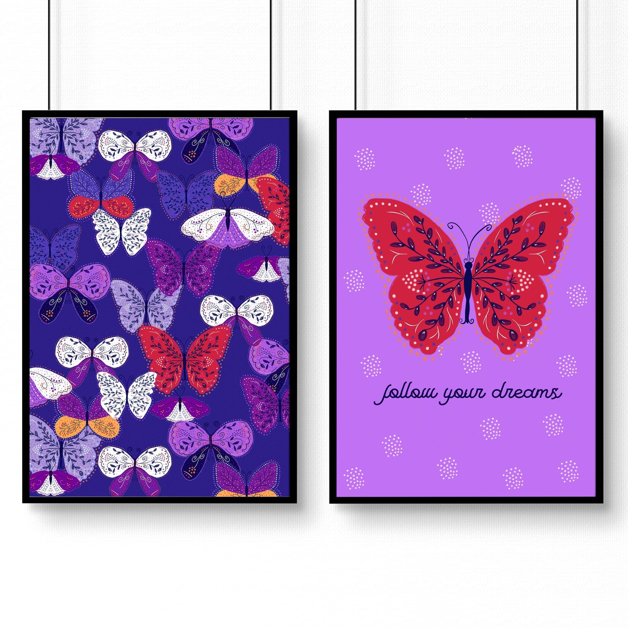 Set of 2 vibrant purple butterfly wall art prints designed for a nursery, showcasing intricate patterns and customizable options.