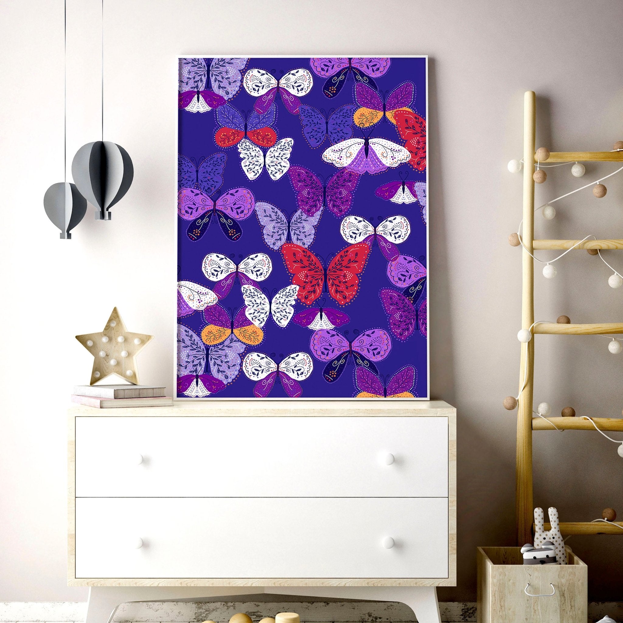 Set of 2 vibrant purple butterfly wall art prints designed for a nursery, showcasing intricate patterns and customizable options.