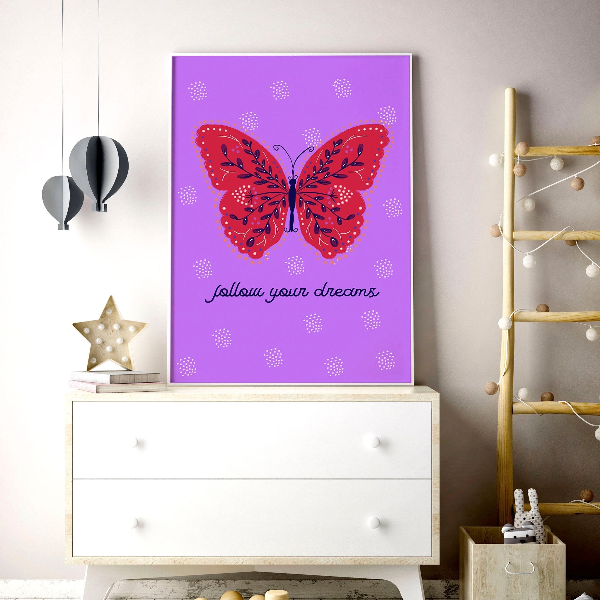 Set of 2 vibrant purple butterfly wall art prints designed for a nursery, showcasing intricate patterns and customizable options.