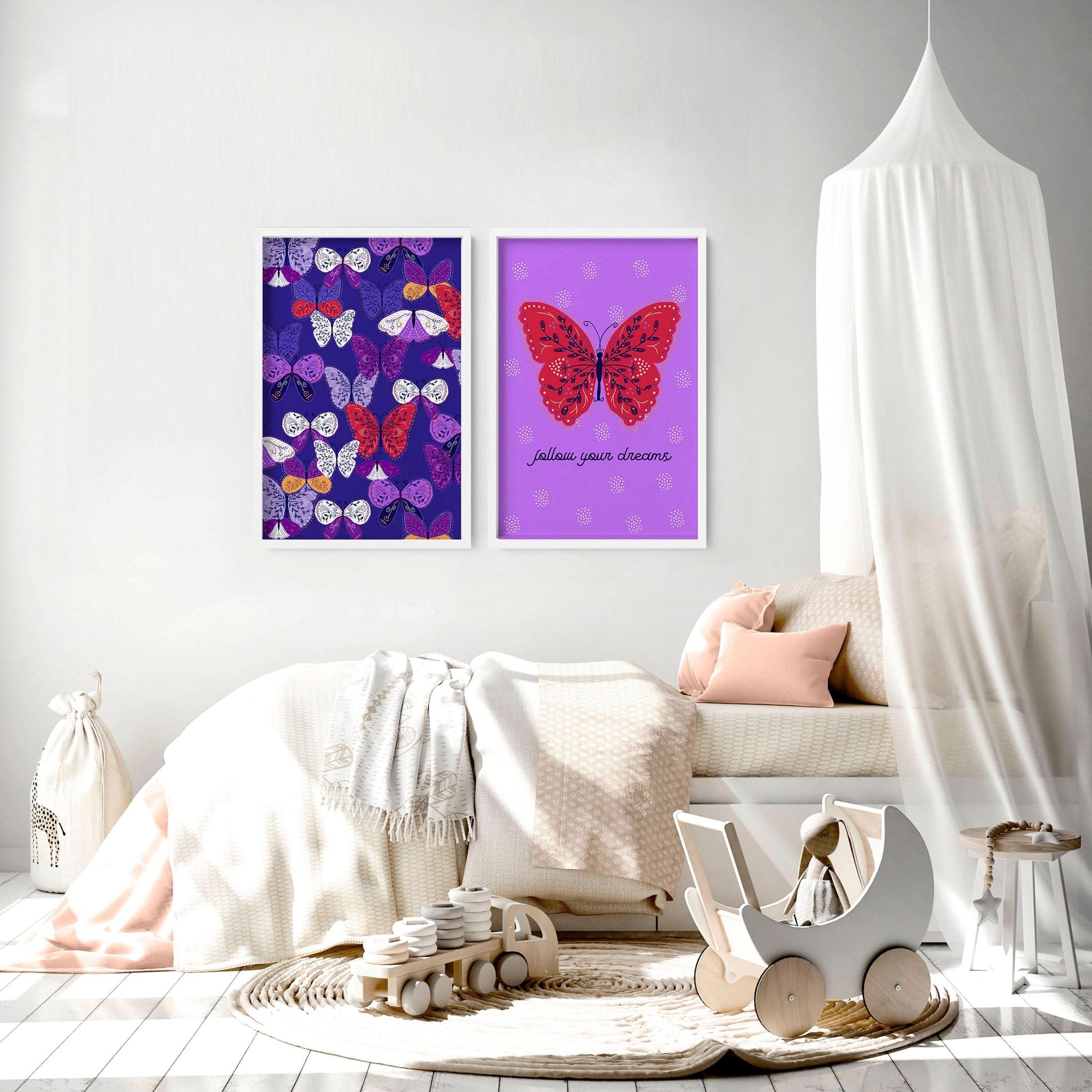 Set of 2 vibrant purple butterfly wall art prints designed for a nursery, showcasing intricate patterns and customizable options.