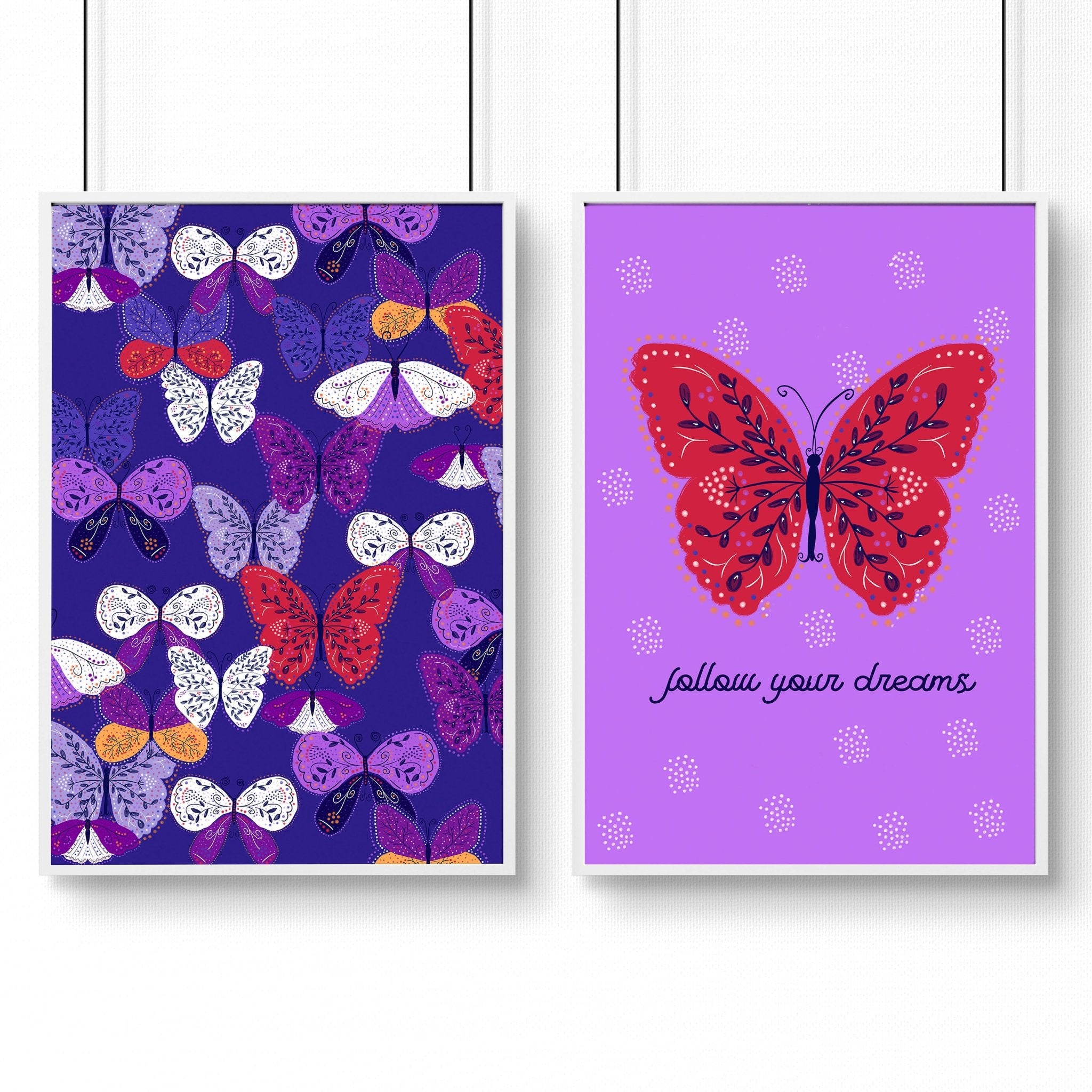 Set of 2 vibrant purple butterfly wall art prints designed for a nursery, showcasing intricate patterns and customizable options.