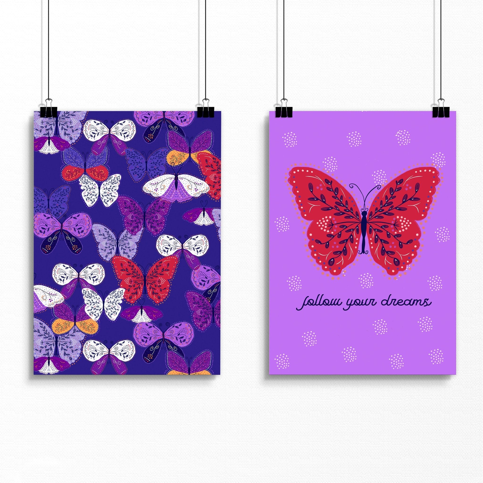 Set of 2 vibrant purple butterfly wall art prints designed for a nursery, showcasing intricate patterns and customizable options.