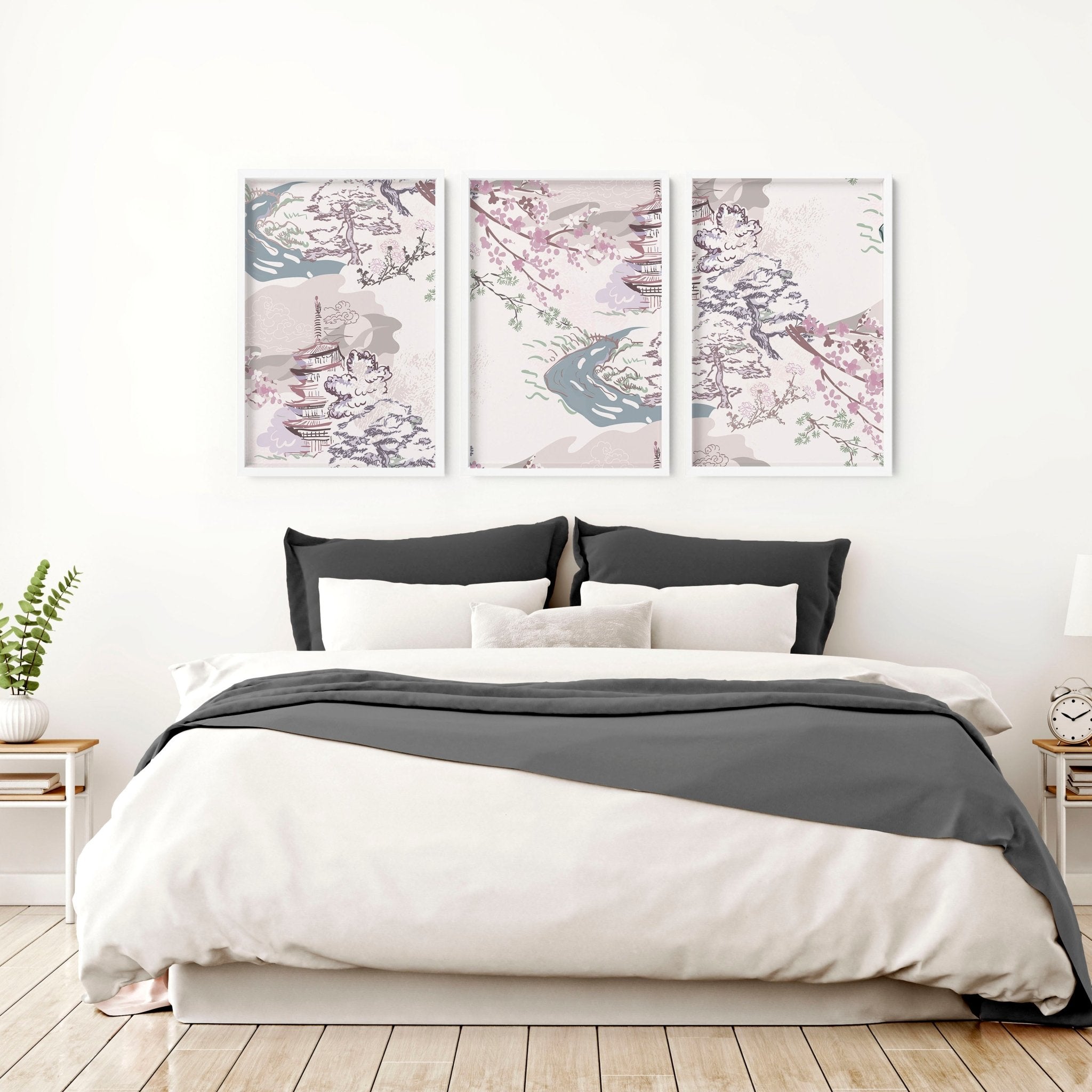 Set of 3 wall art prints featuring Chinoiserie designs in lavender, mauve, light blue, and ivory, perfect for bedroom decor.