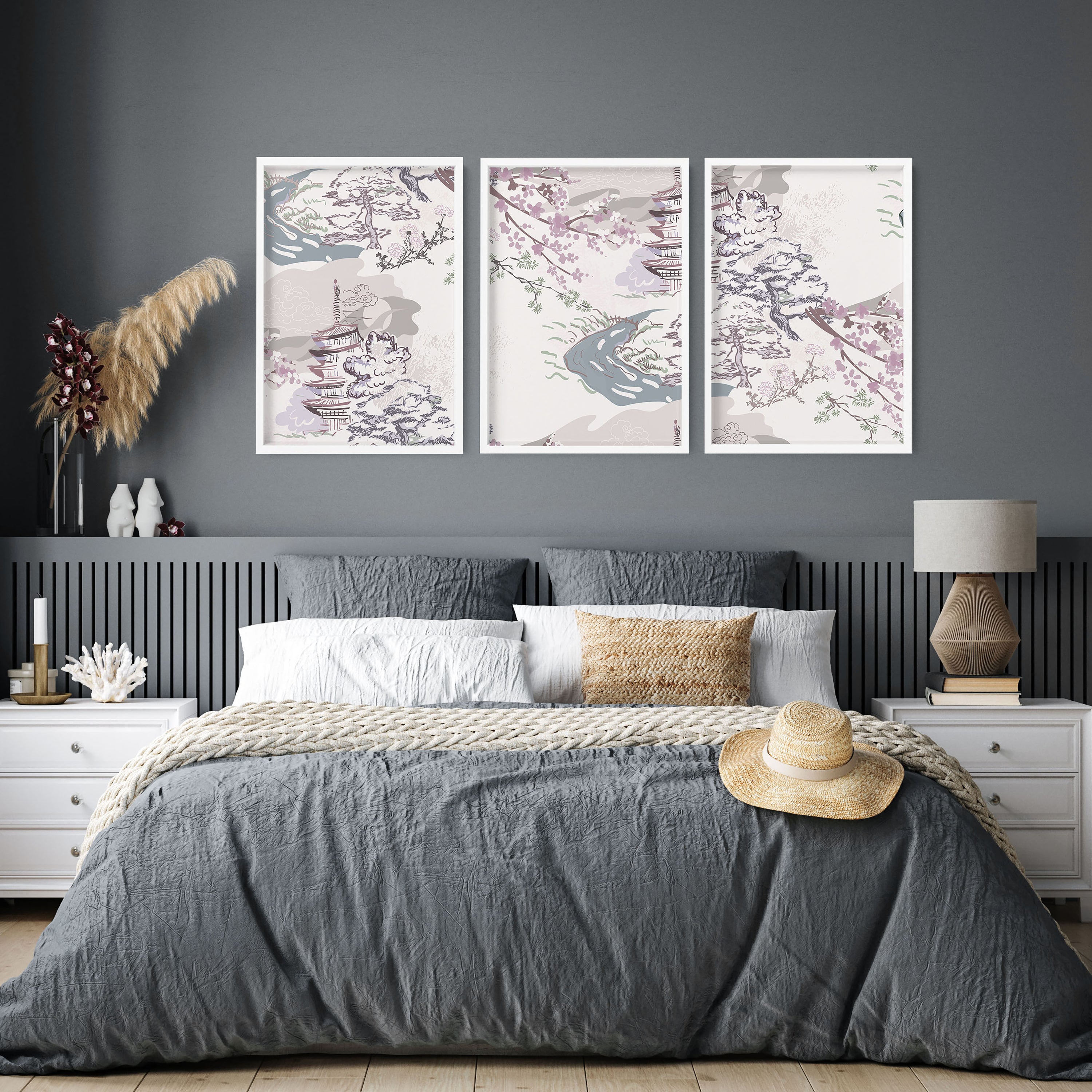 Set of 3 wall art prints featuring Chinoiserie designs in lavender, mauve, light blue, and ivory, perfect for bedroom decor.