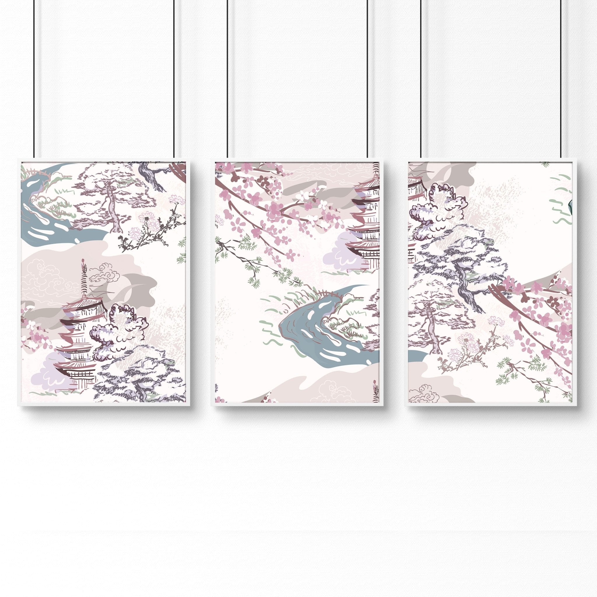 Set of 3 wall art prints featuring Chinoiserie designs in lavender, mauve, light blue, and ivory, perfect for bedroom decor.