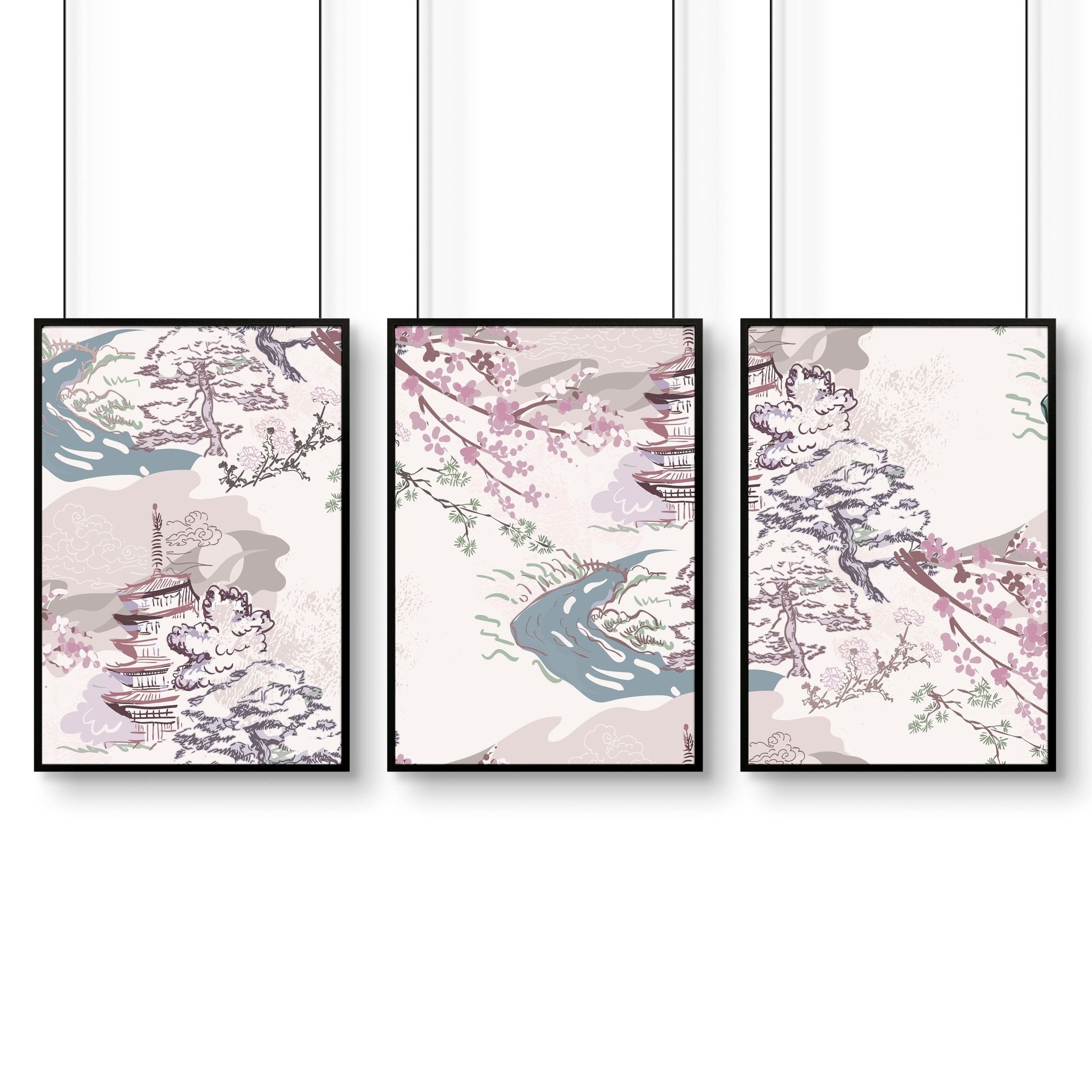 Set of 3 wall art prints featuring Chinoiserie designs in lavender, mauve, light blue, and ivory, perfect for bedroom decor.