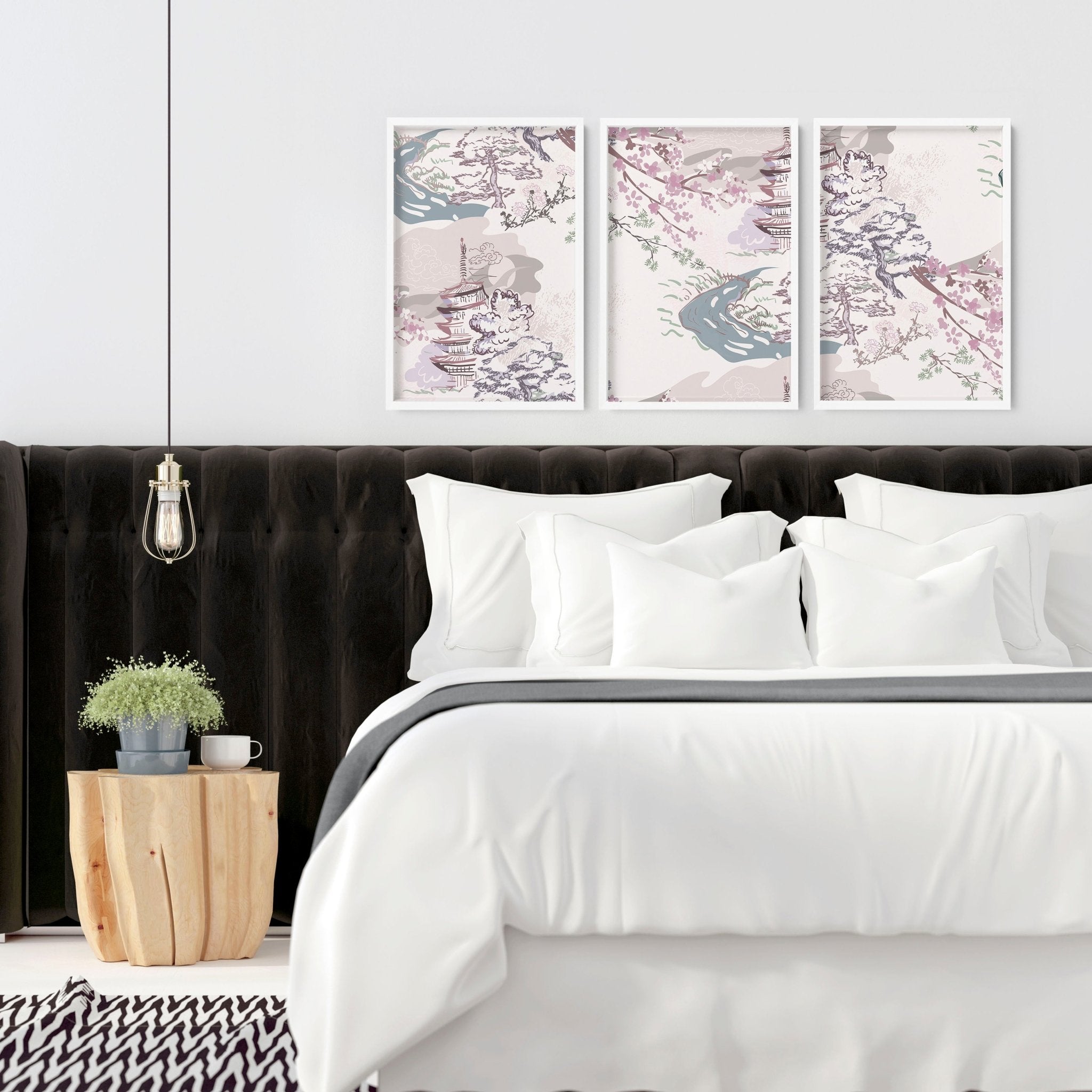 Set of 3 wall art prints featuring Chinoiserie designs in lavender, mauve, light blue, and ivory, perfect for bedroom decor.