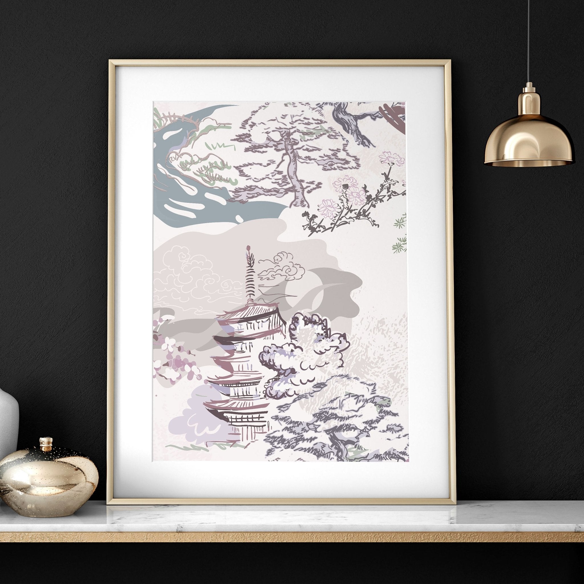 Set of 3 wall art prints featuring Chinoiserie designs in lavender, mauve, light blue, and ivory, perfect for bedroom decor.