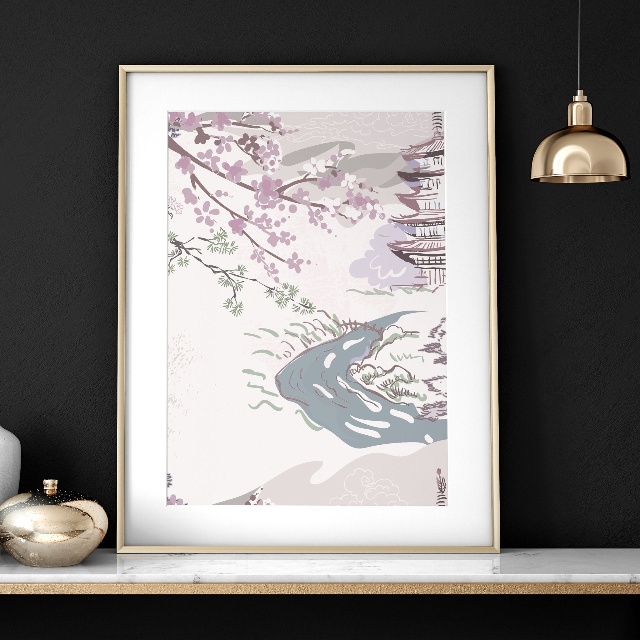 Set of 3 wall art prints featuring Chinoiserie designs in lavender, mauve, light blue, and ivory, perfect for bedroom decor.