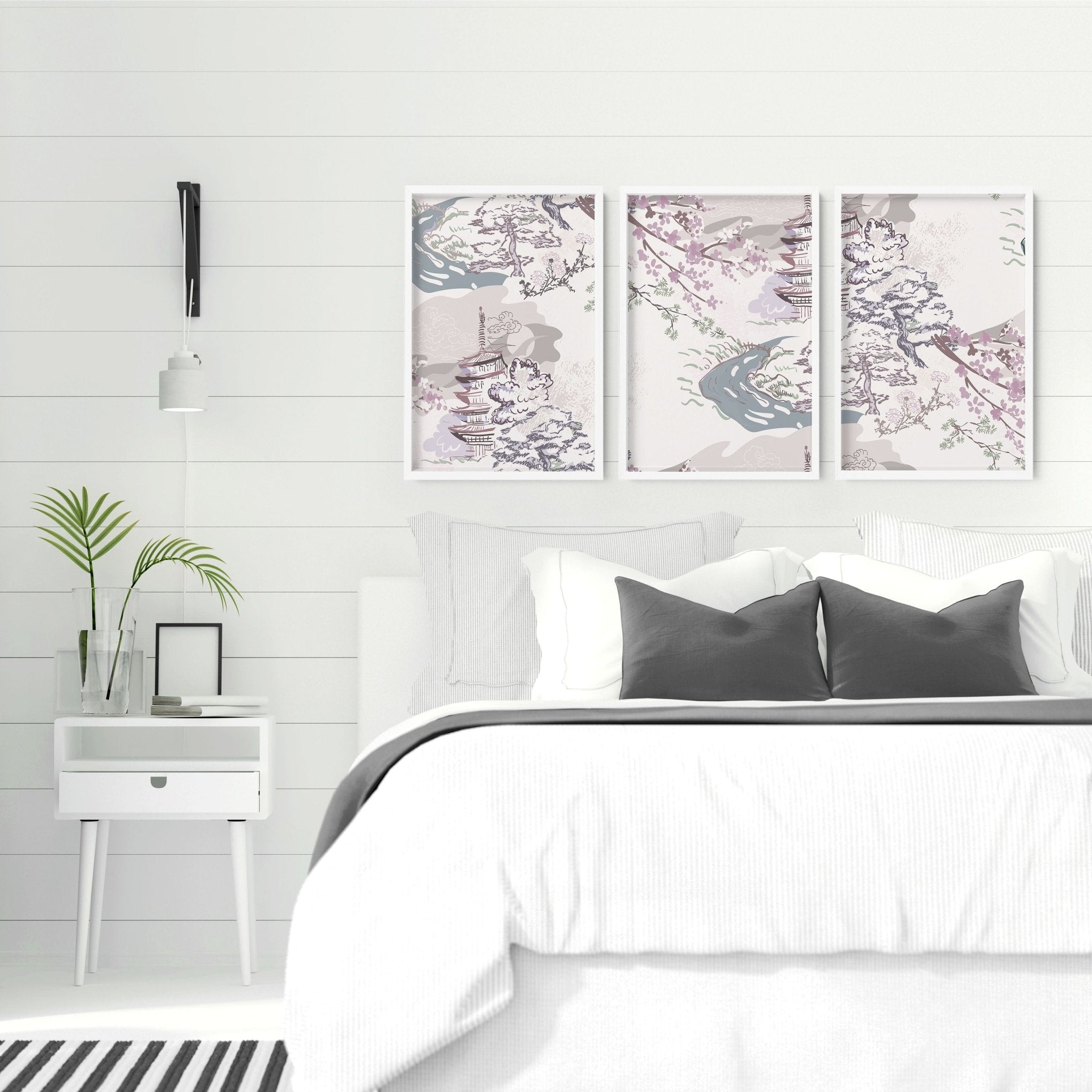 Set of 3 wall art prints featuring Chinoiserie designs in lavender, mauve, light blue, and ivory, perfect for bedroom decor.