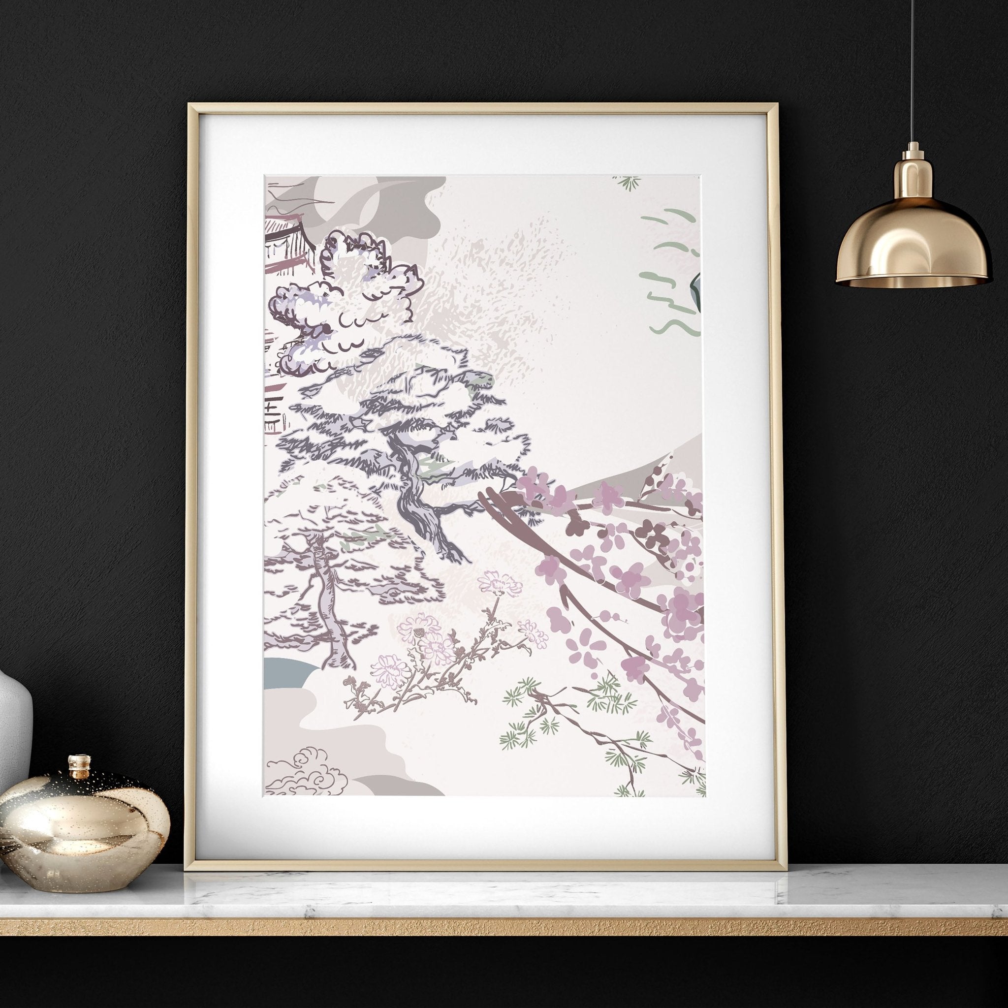 Set of 3 wall art prints featuring Chinoiserie designs in lavender, mauve, light blue, and ivory, perfect for bedroom decor.