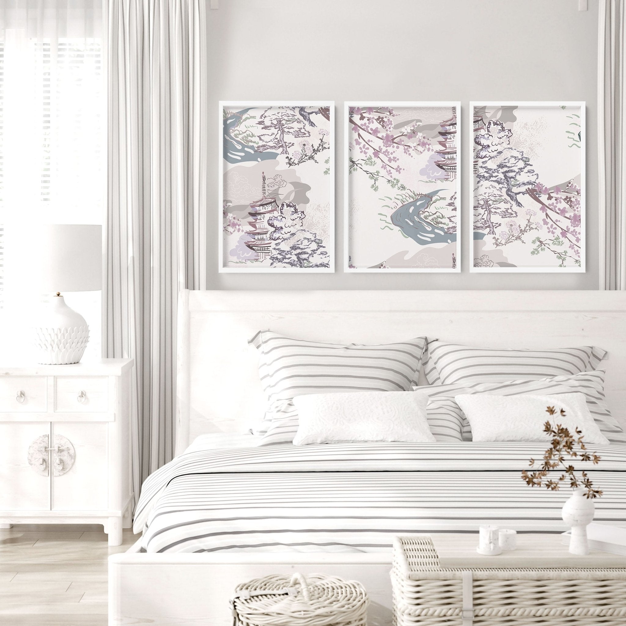 Set of 3 wall art prints featuring Chinoiserie designs in lavender, mauve, light blue, and ivory, perfect for bedroom decor.