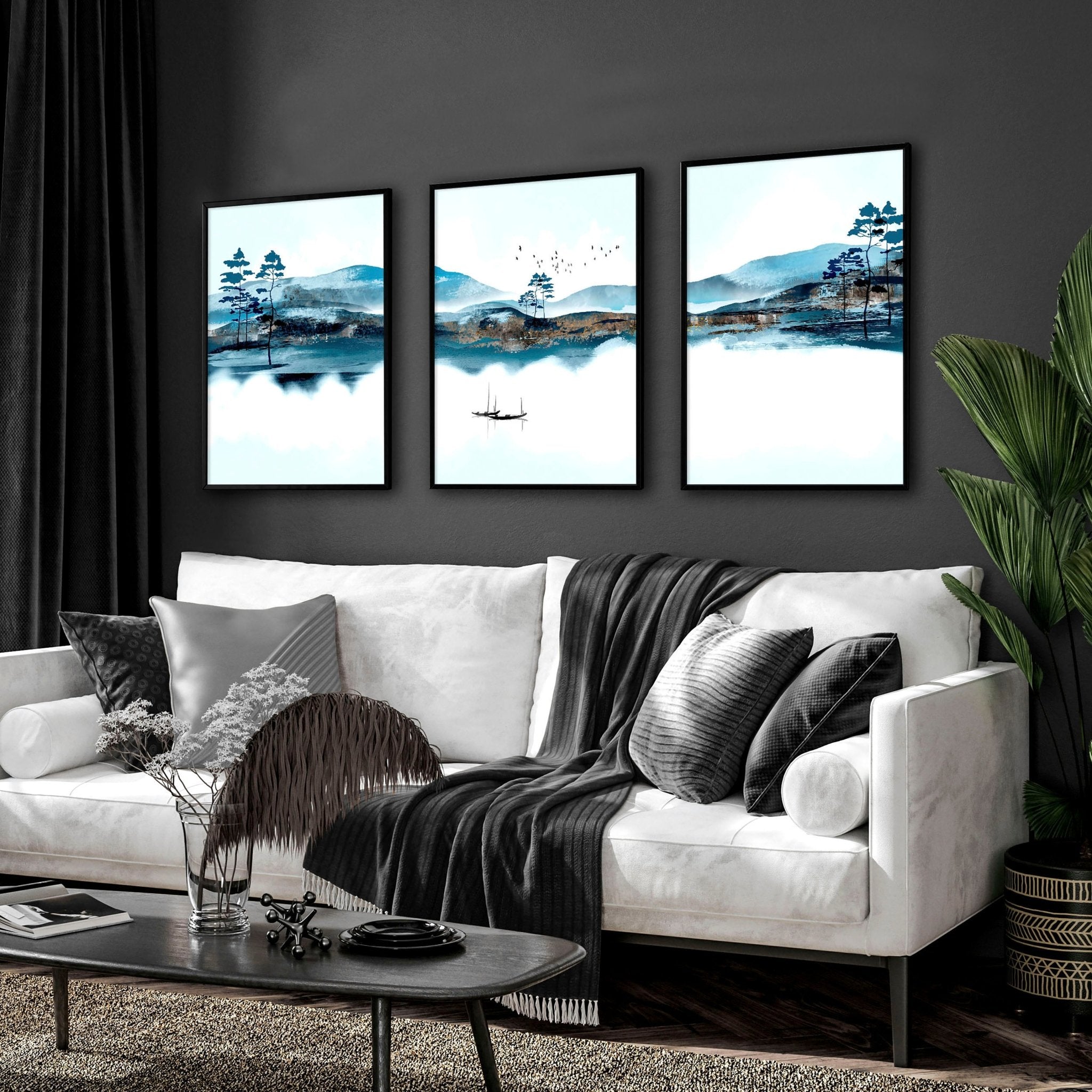 Set of 3 teal wall art prints featuring intricate Japanese landscape illustrations, framed in black or white, perfect for living room decor.