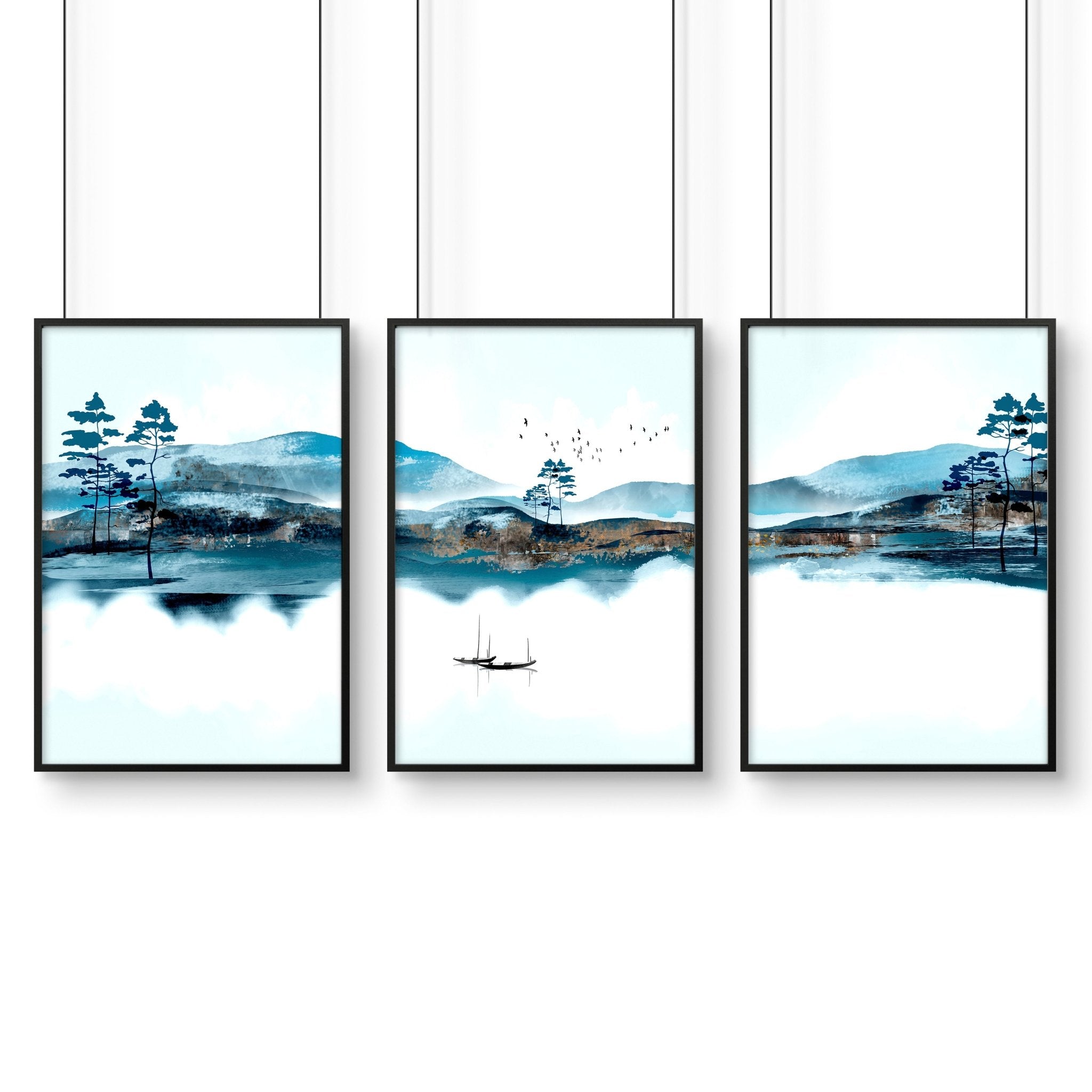 Set of 3 teal wall art prints featuring intricate Japanese landscape illustrations, framed in black or white, perfect for living room decor.