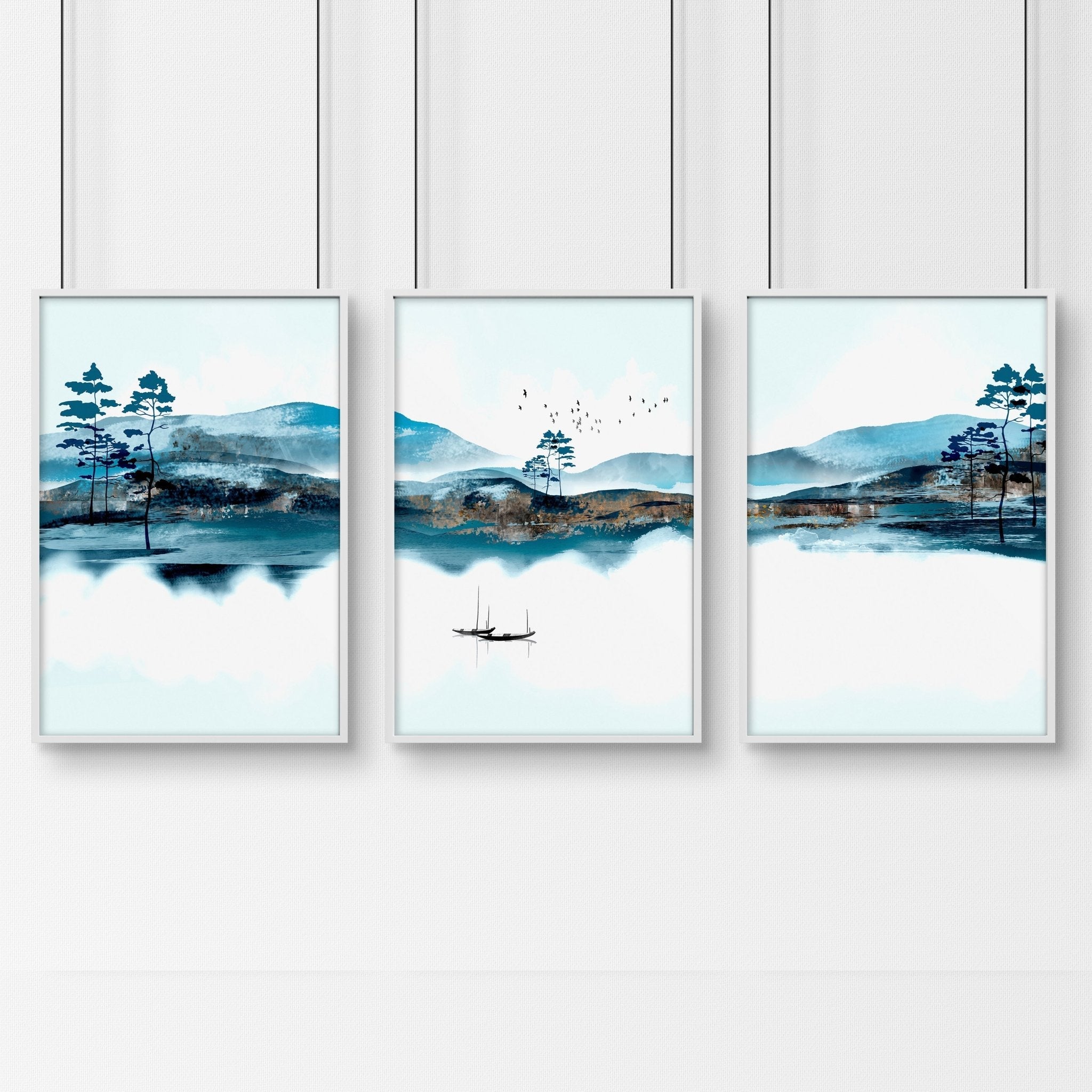 Set of 3 teal wall art prints featuring intricate Japanese landscape illustrations, framed in black or white, perfect for living room decor.