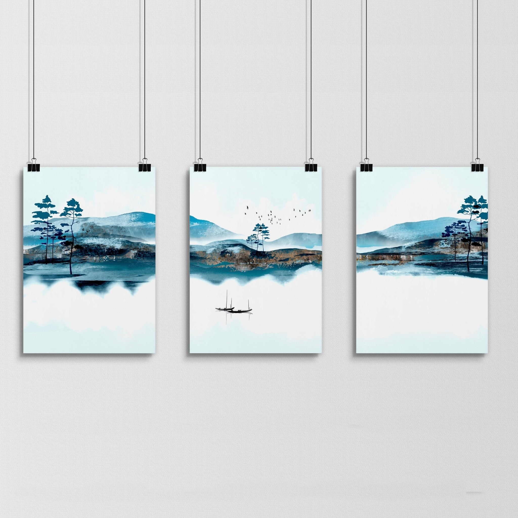 Set of 3 teal wall art prints featuring intricate Japanese landscape illustrations, framed in black or white, perfect for living room decor.