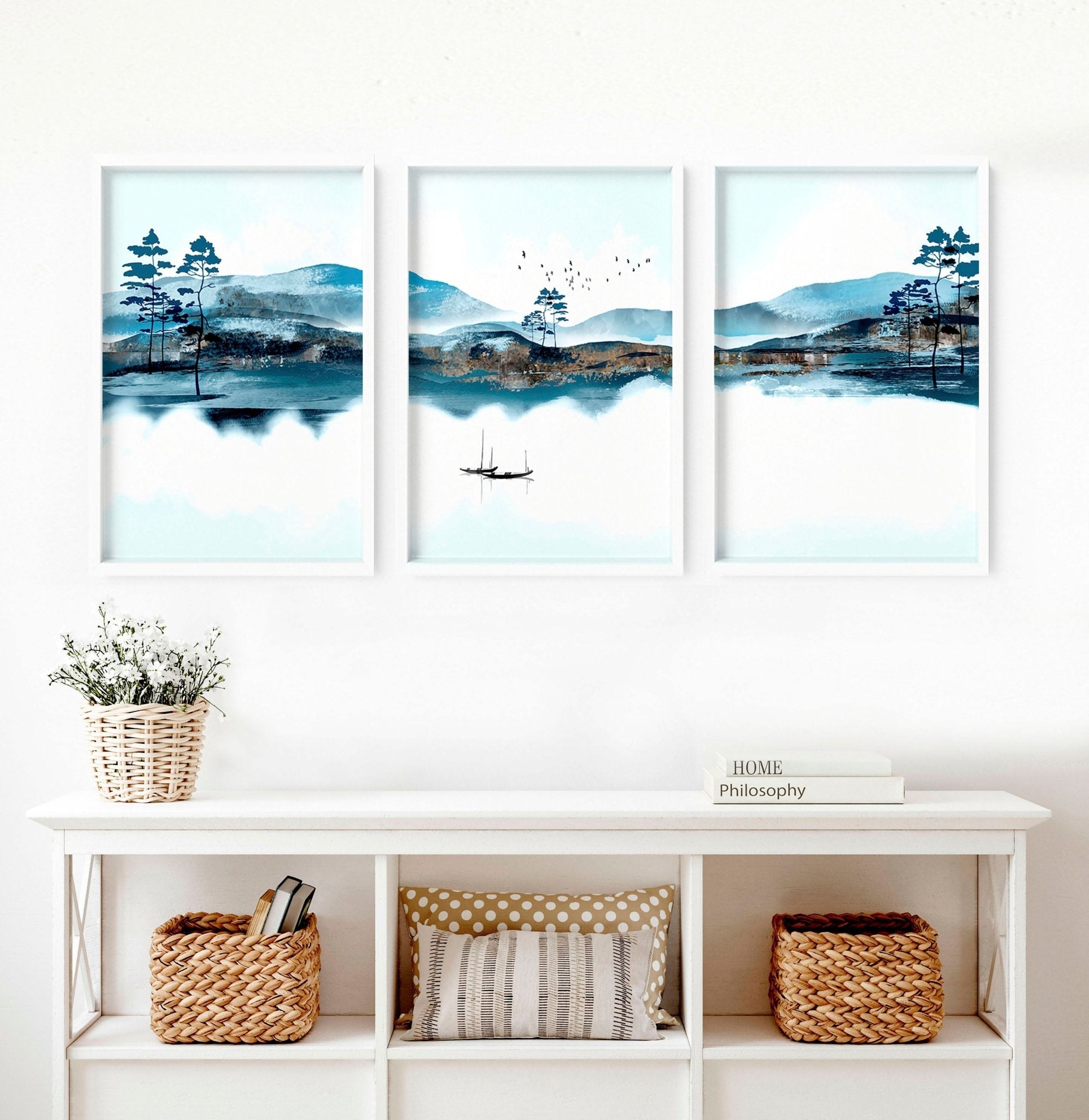 Set of 3 teal wall art prints featuring intricate Japanese landscape illustrations, framed in black or white, perfect for living room decor.