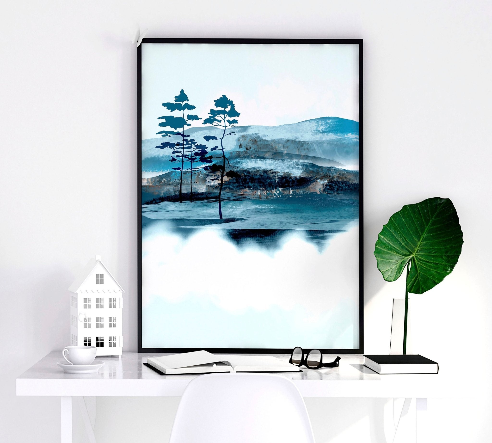 Set of 3 teal wall art prints featuring intricate Japanese landscape illustrations, framed in black or white, perfect for living room decor.