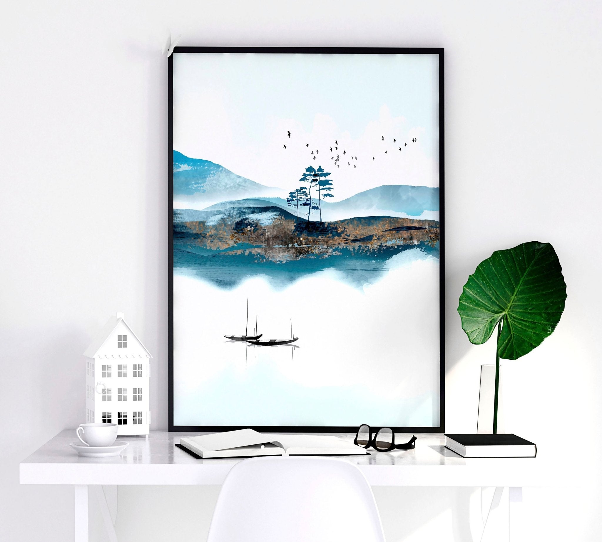 Set of 3 teal wall art prints featuring intricate Japanese landscape illustrations, framed in black or white, perfect for living room decor.