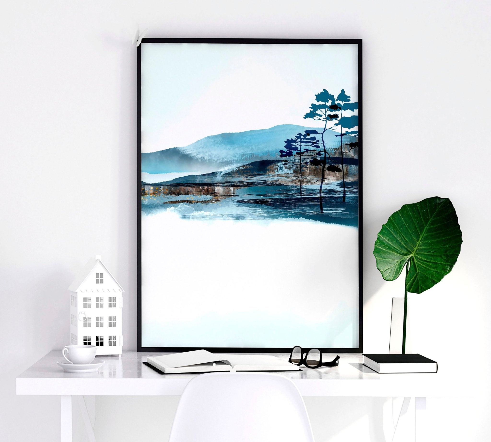 Set of 3 teal wall art prints featuring intricate Japanese landscape illustrations, framed in black or white, perfect for living room decor.