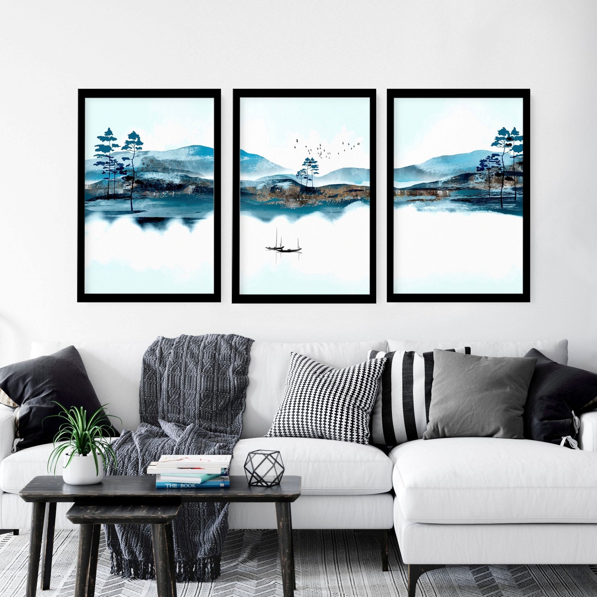 Set of 3 teal wall art prints featuring intricate Japanese landscape illustrations, framed in black or white, perfect for living room decor.