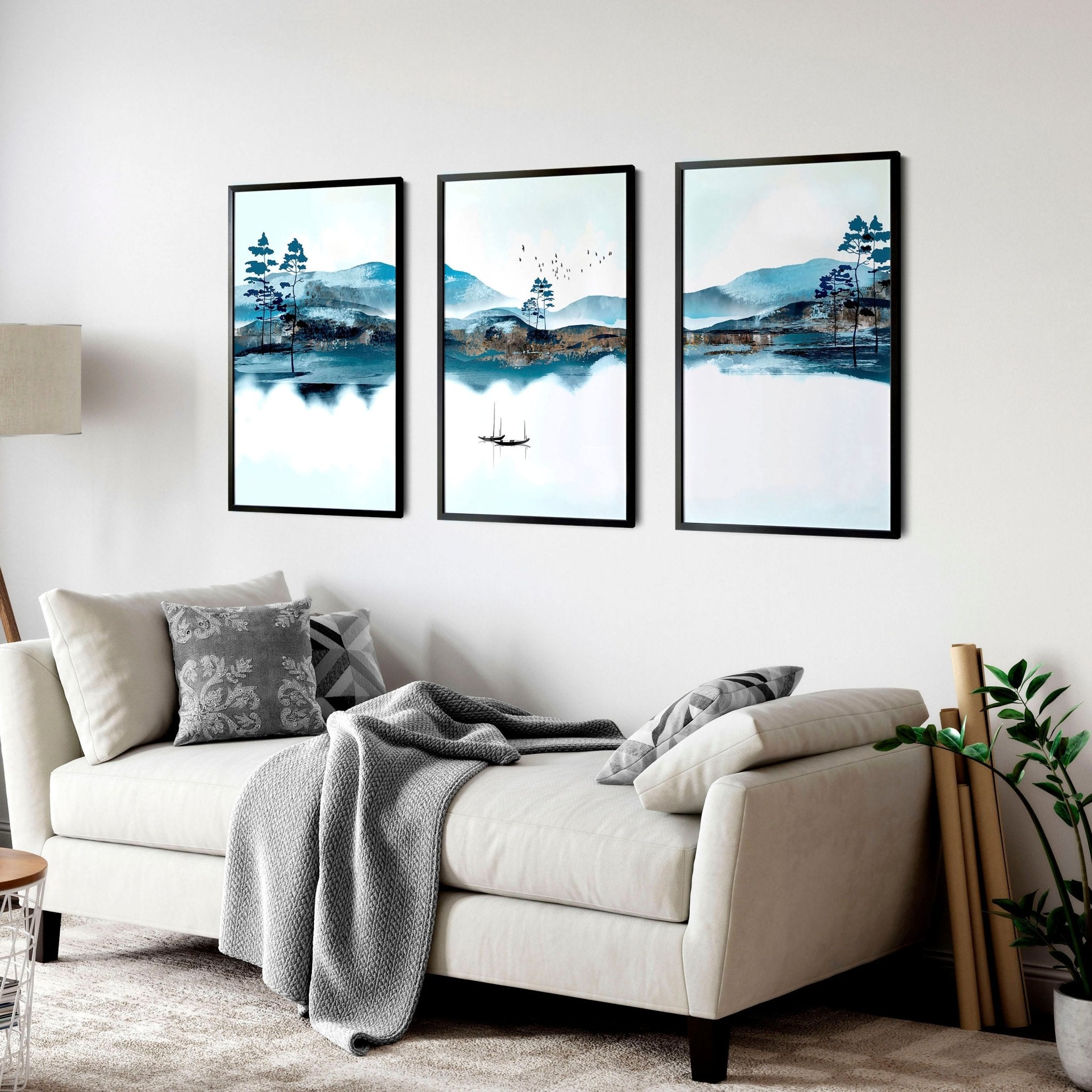 Set of 3 teal wall art prints featuring intricate Japanese landscape illustrations, framed in black or white, perfect for living room decor.