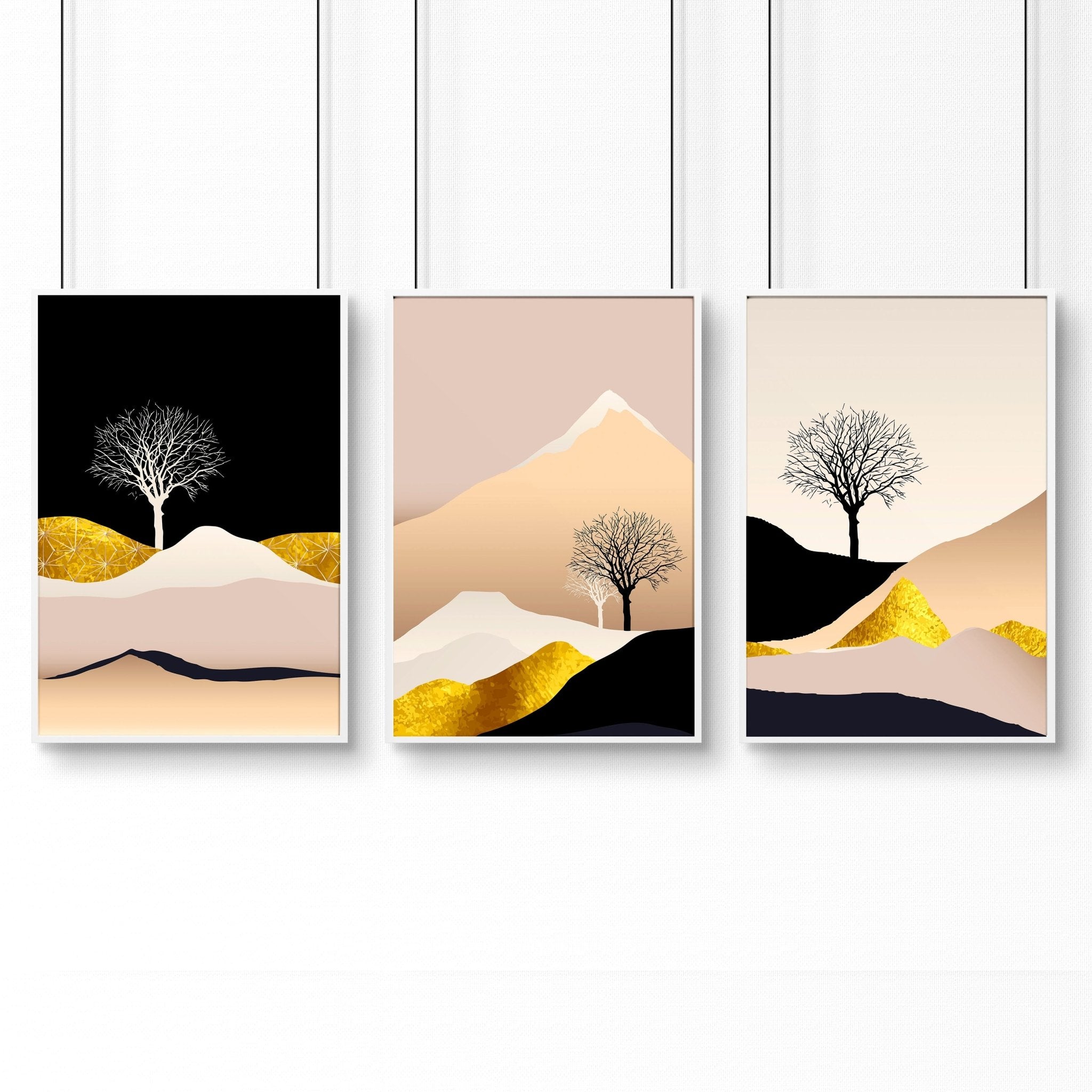 Set of 3 Scandinavian wall art prints featuring a Nordic landscape in pink, black, and gold tones, perfect for office decor.