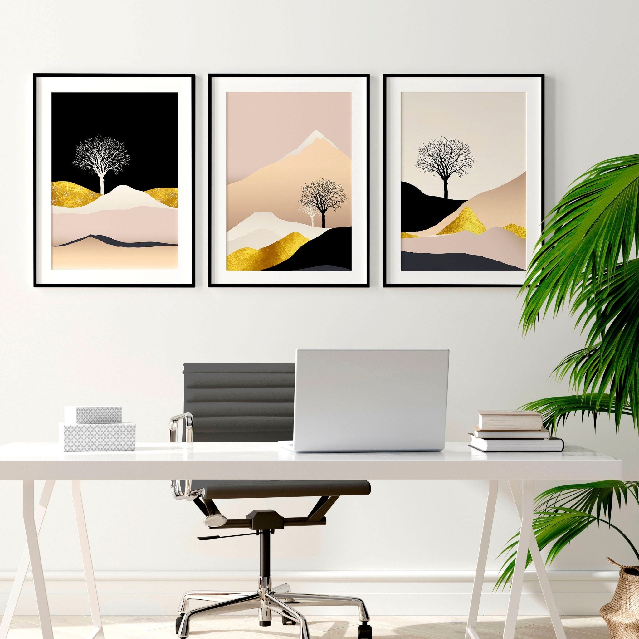 Set of 3 Scandinavian wall art prints featuring a Nordic landscape in pink, black, and gold tones, perfect for office decor.