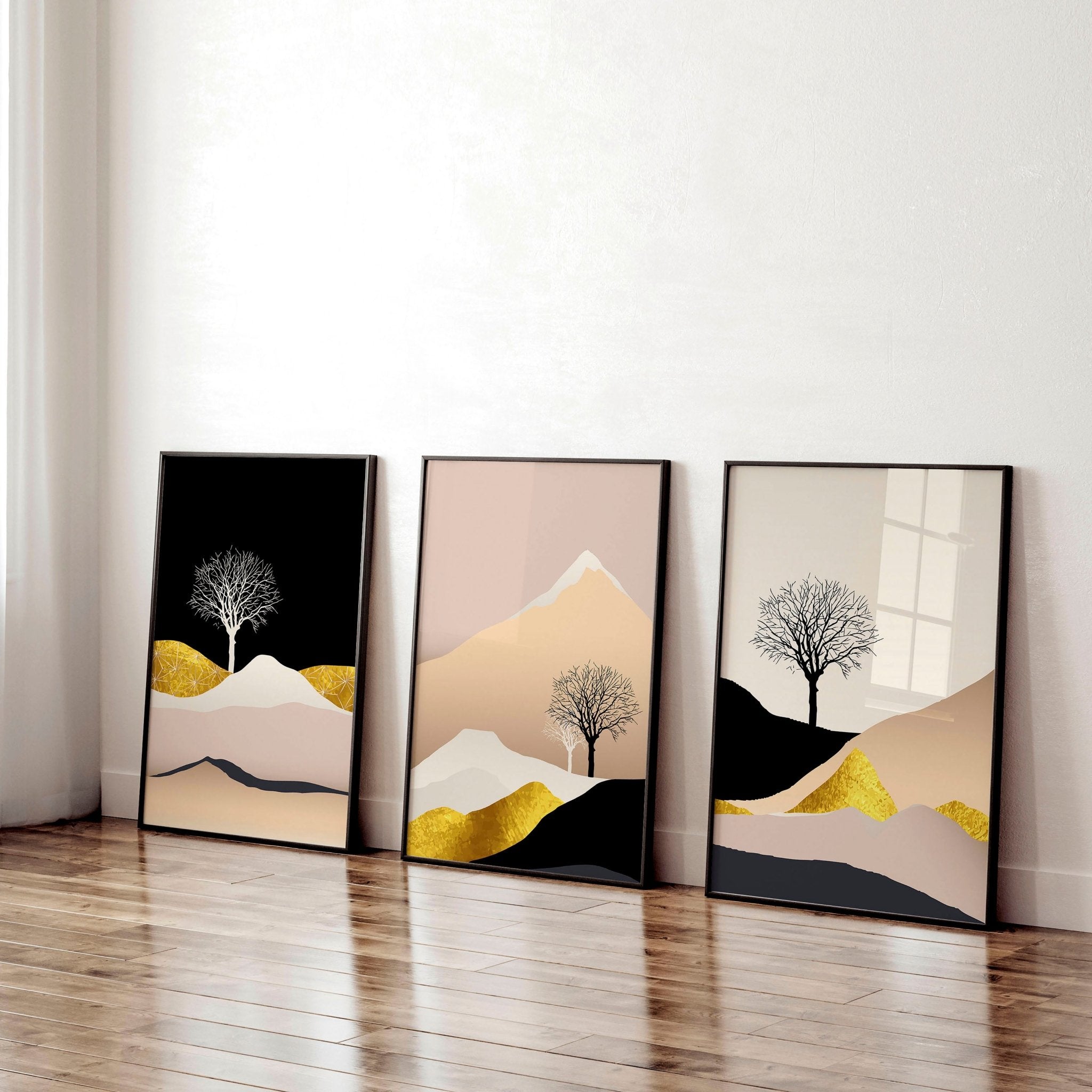 Set of 3 Scandinavian wall art prints featuring a Nordic landscape in pink, black, and gold tones, perfect for office decor.