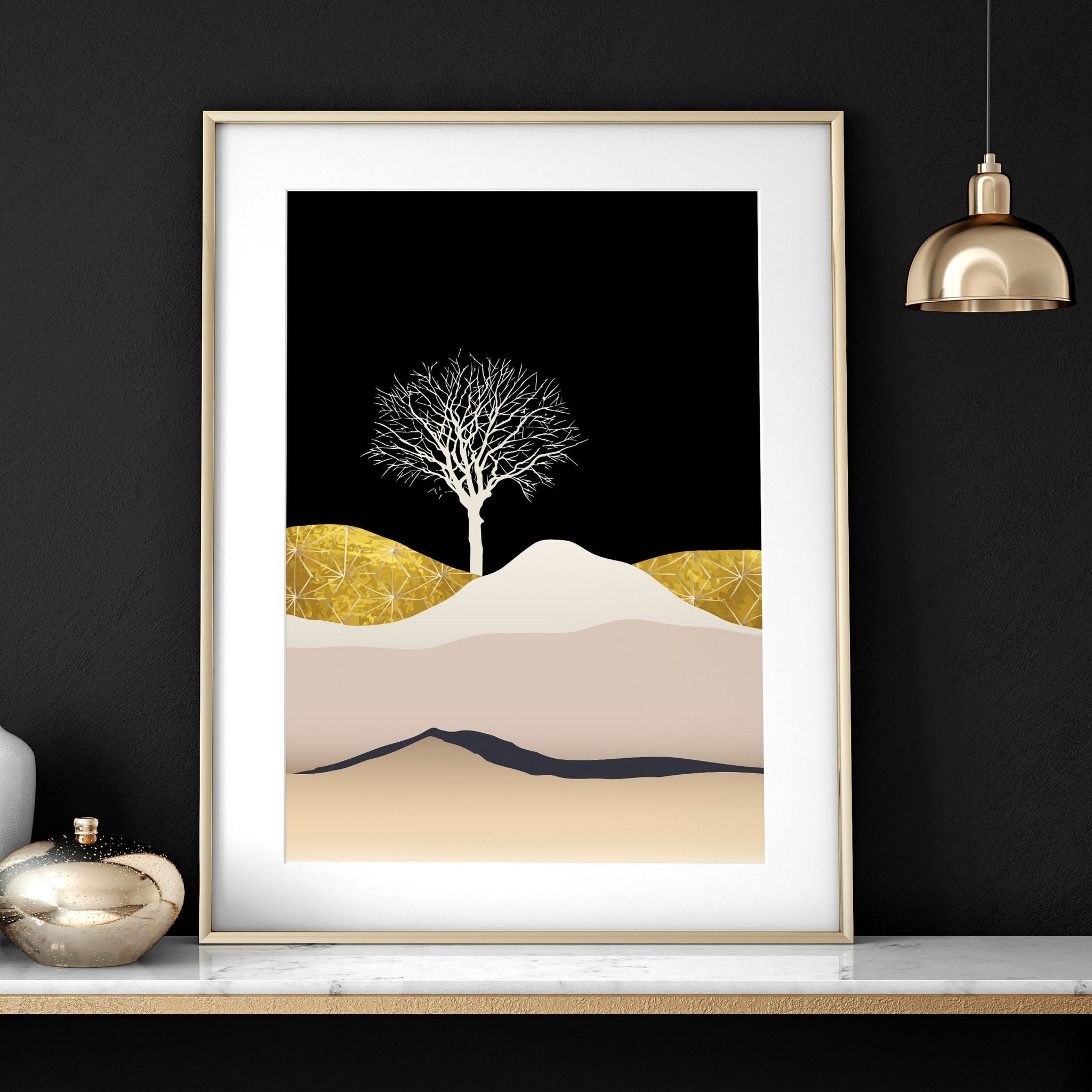 Set of 3 Scandinavian wall art prints featuring a Nordic landscape in pink, black, and gold tones, perfect for office decor.